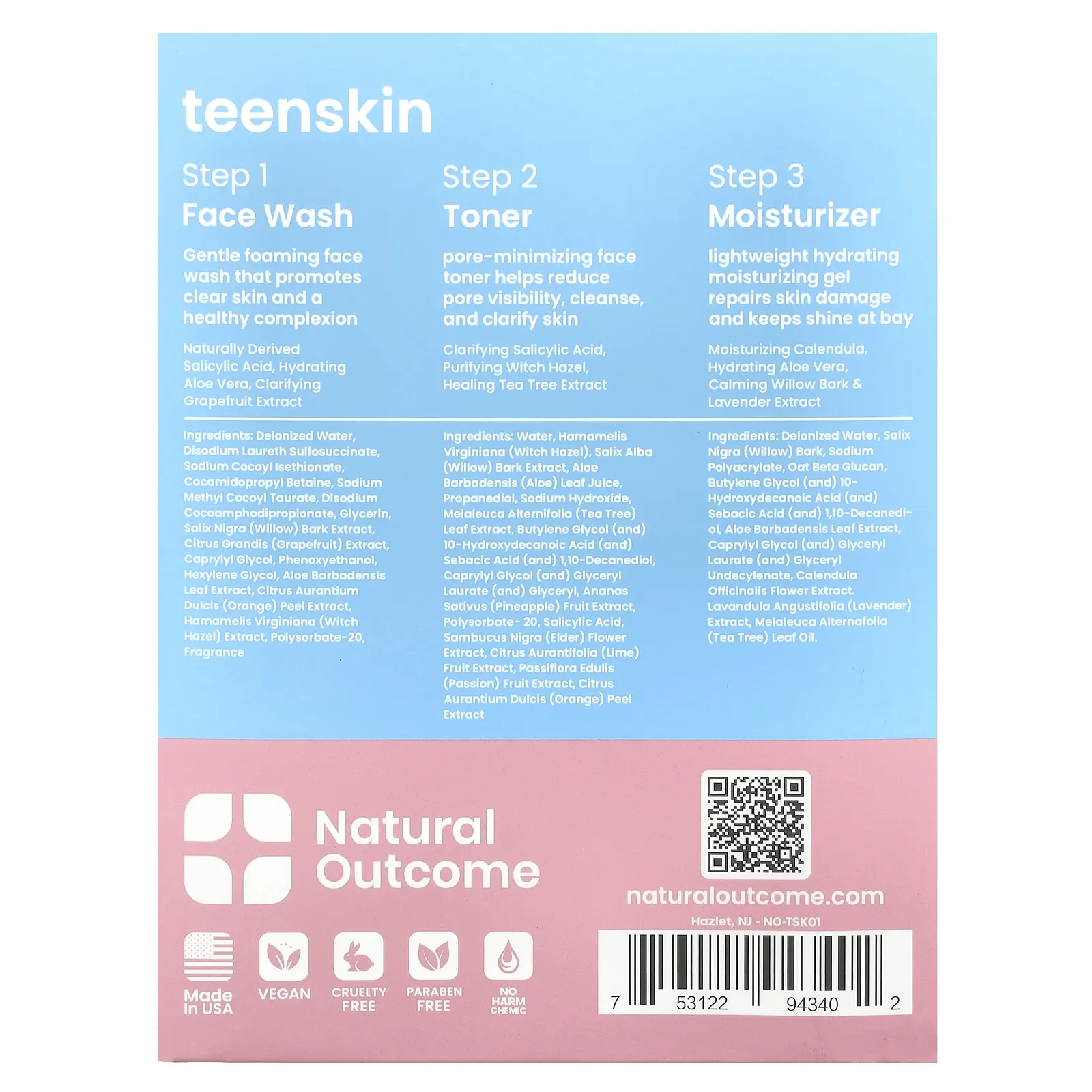 Natural Outcome, Teenskin, набор для повседневного ухода за лицом, набор из 3 предметов