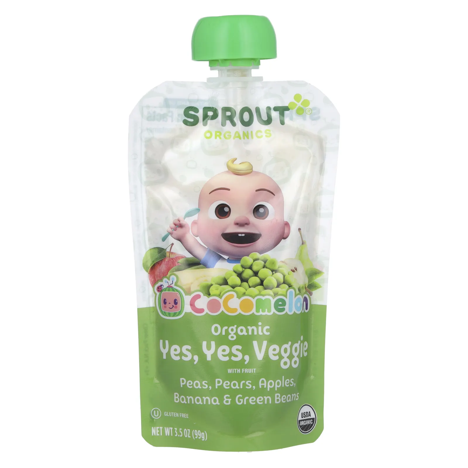 Sprout Organics, Cocomelon, органические овощи с фруктами, от 8 месяцев, горох, груши, яблоки, банан и стручковая фасоль, 99 г (3,5 унции)