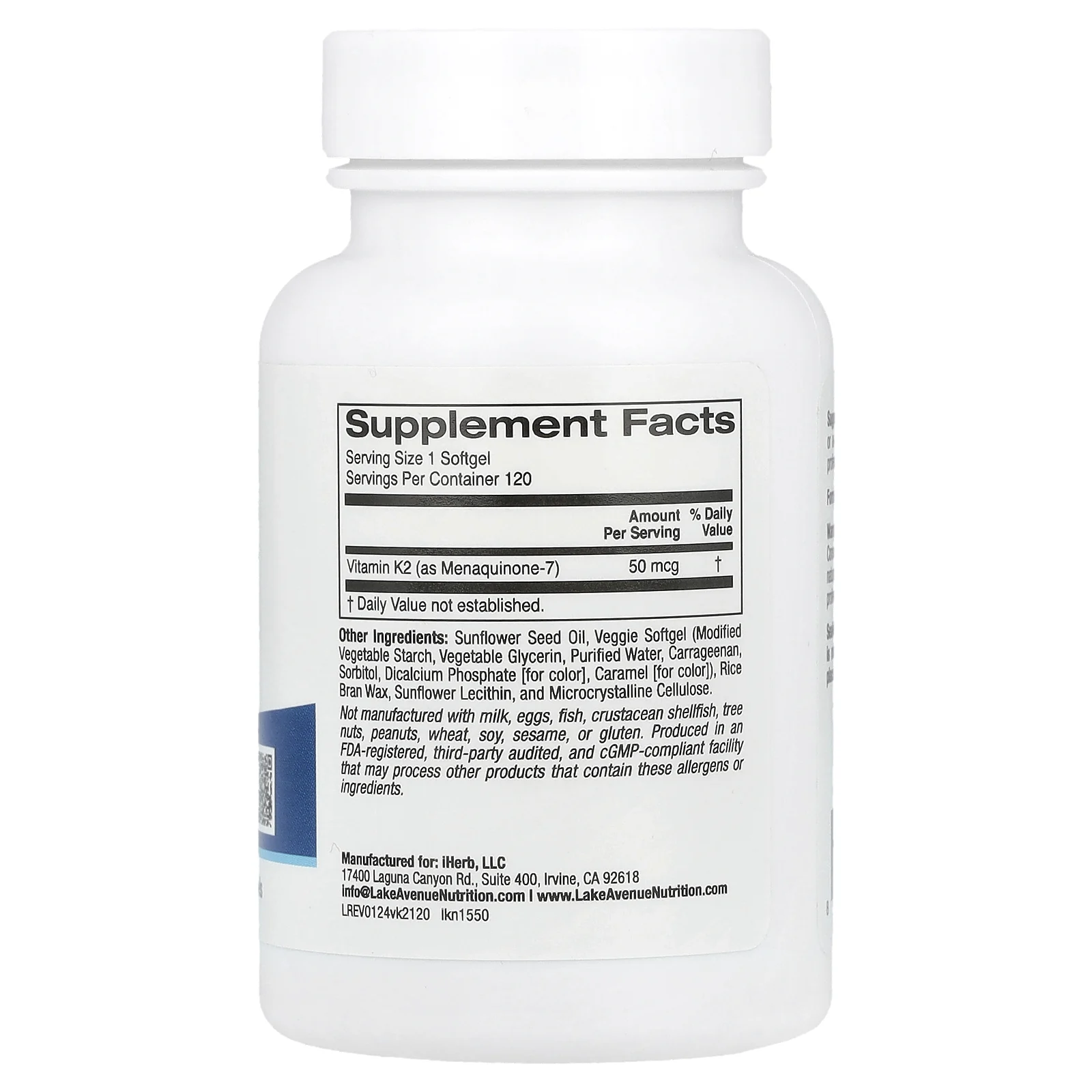 Lake Avenue Nutrition, Витамин K2 (в виде менахинона-7), 50 мкг, 120 растительных капсул