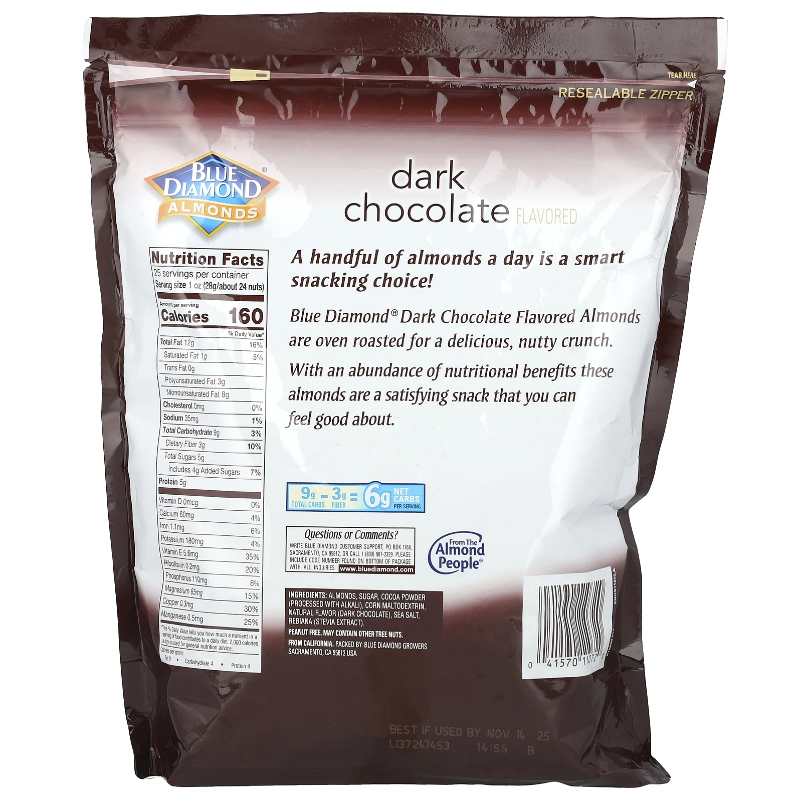 Blue Diamond, Almonds, обжаренный в духовке миндаль, темный шоколад, 709 г (25 унций)