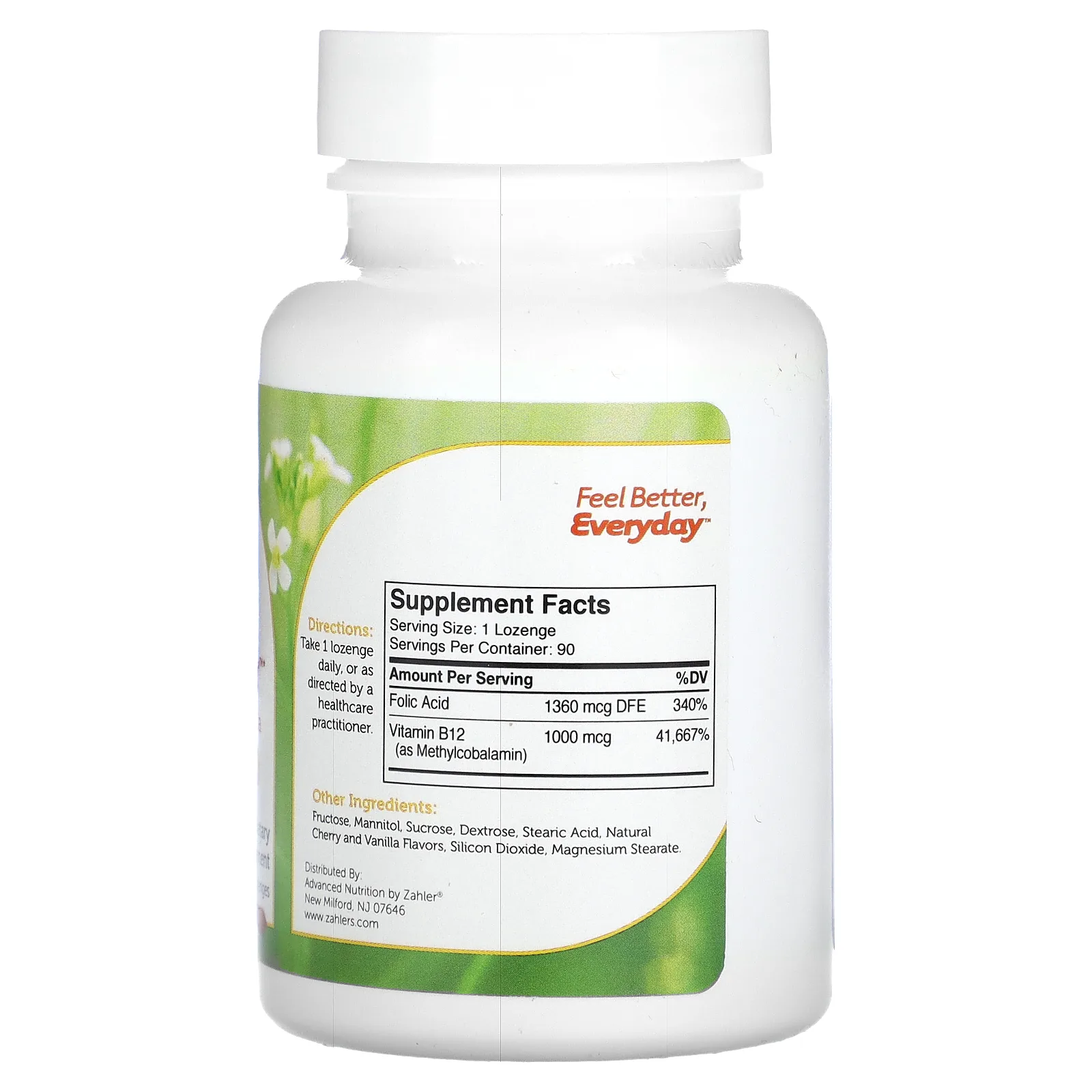 Zahler, B12 Energizer, витамин B12 и фолиевая кислота, с натуральным вишневым вкусом, 90 пастилок