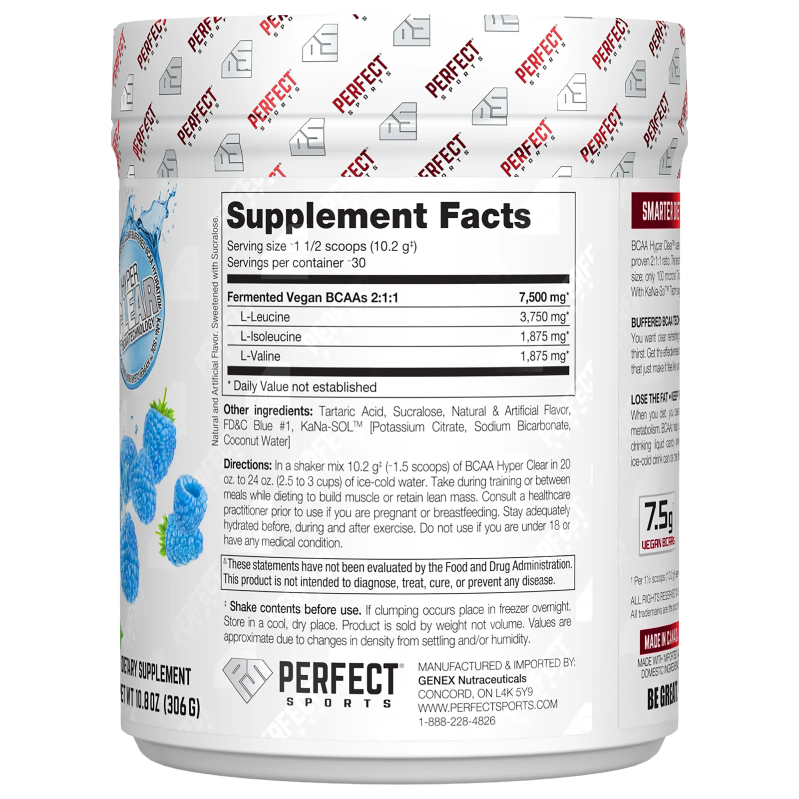 Perfect Sports, BCAA Hyper Clear, насыщенная голубая малина, 306 г (10,8 унции)