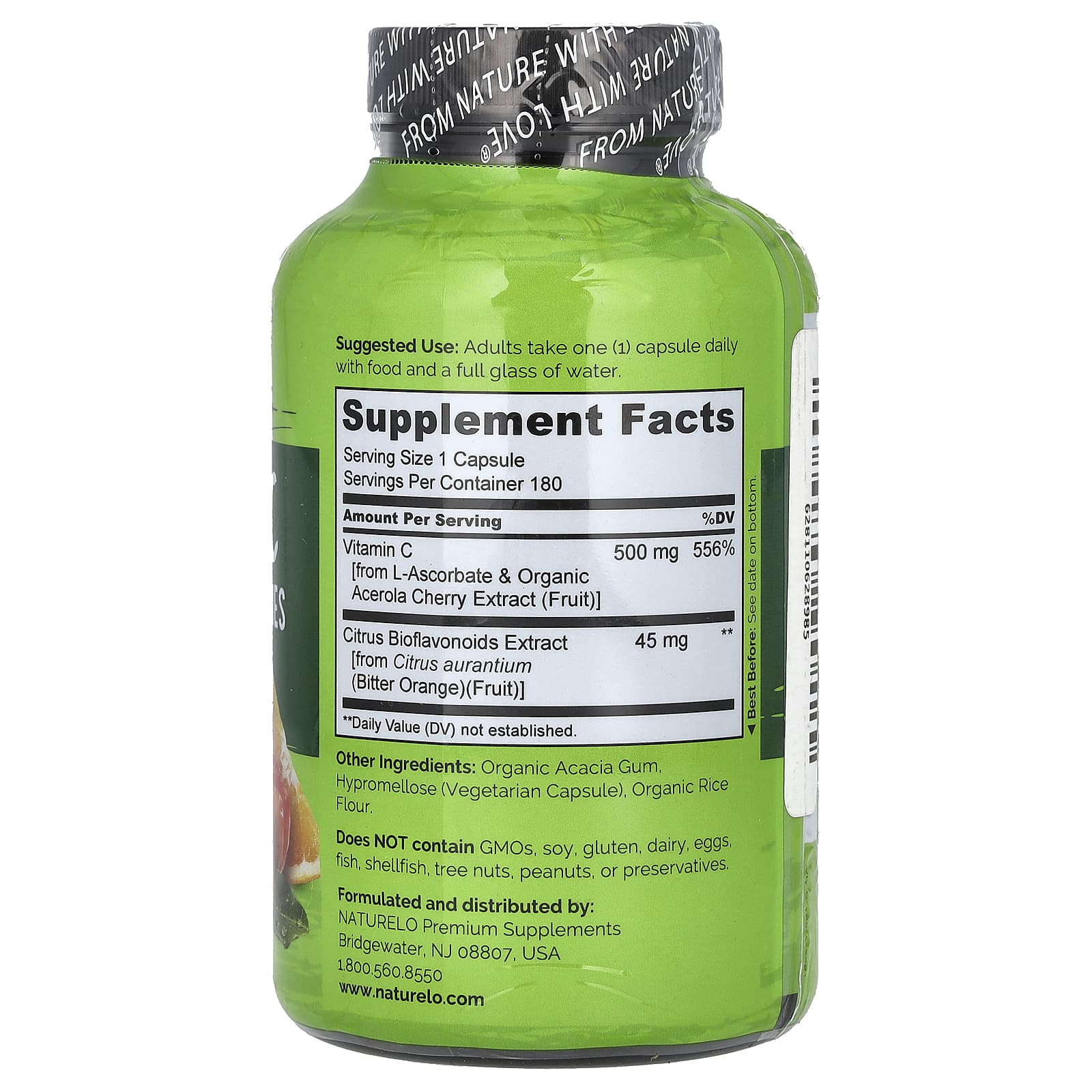 NATURELO, Витамин C с ацеролой и цитрусовыми биофлавоноидами, 180 вегетарианских капсул