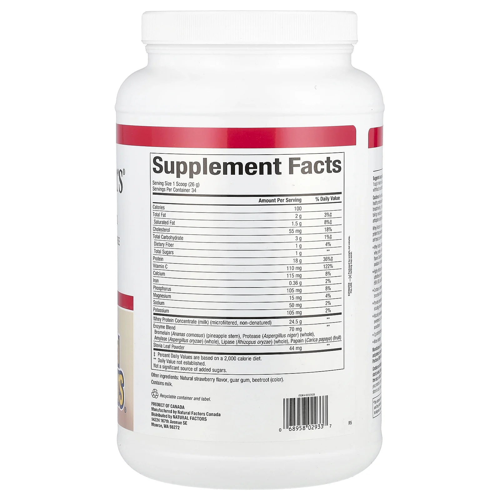 Natural Factors, Whey Factors, сывороточный протеин травяного откорма, натуральная клубника, 907 г (2 фунта)