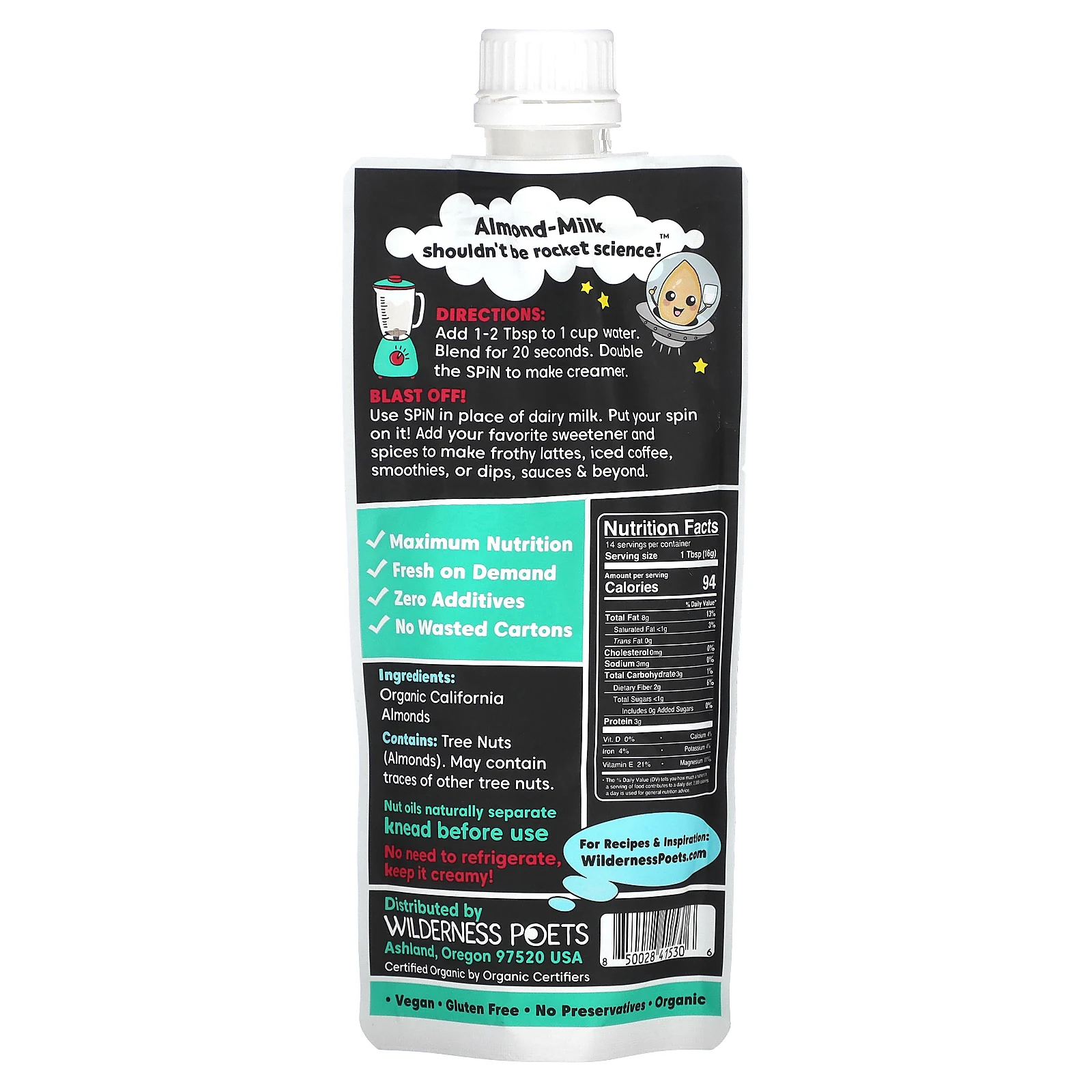 Wilderness Poets, Spin, органический концентрат миндального молока, без сахара, 227 г (8 унций)