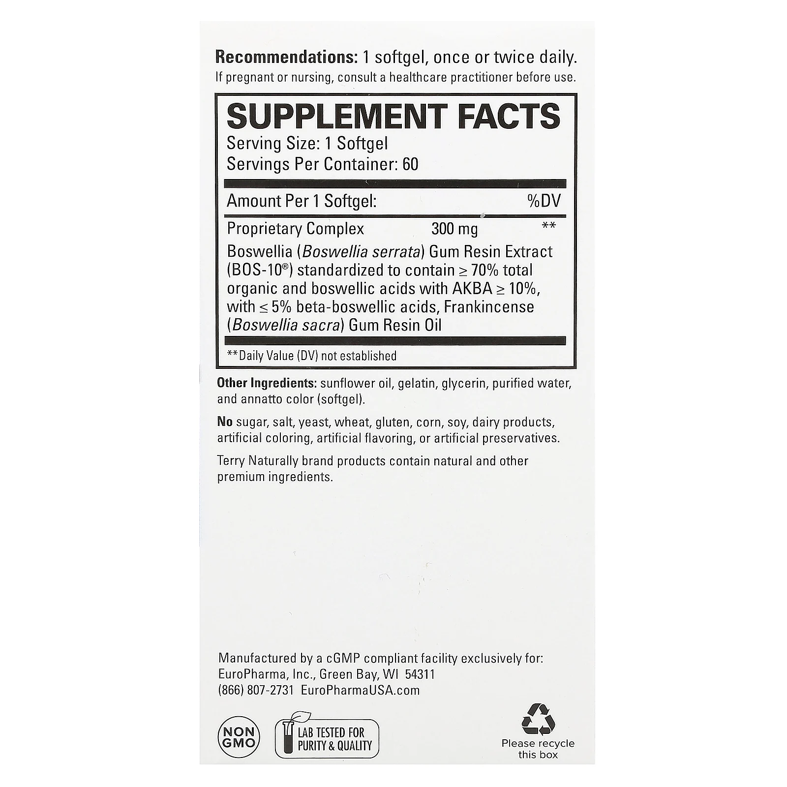 Terry Naturally, Boswellia Plus с маслом ладана, 60 капсул