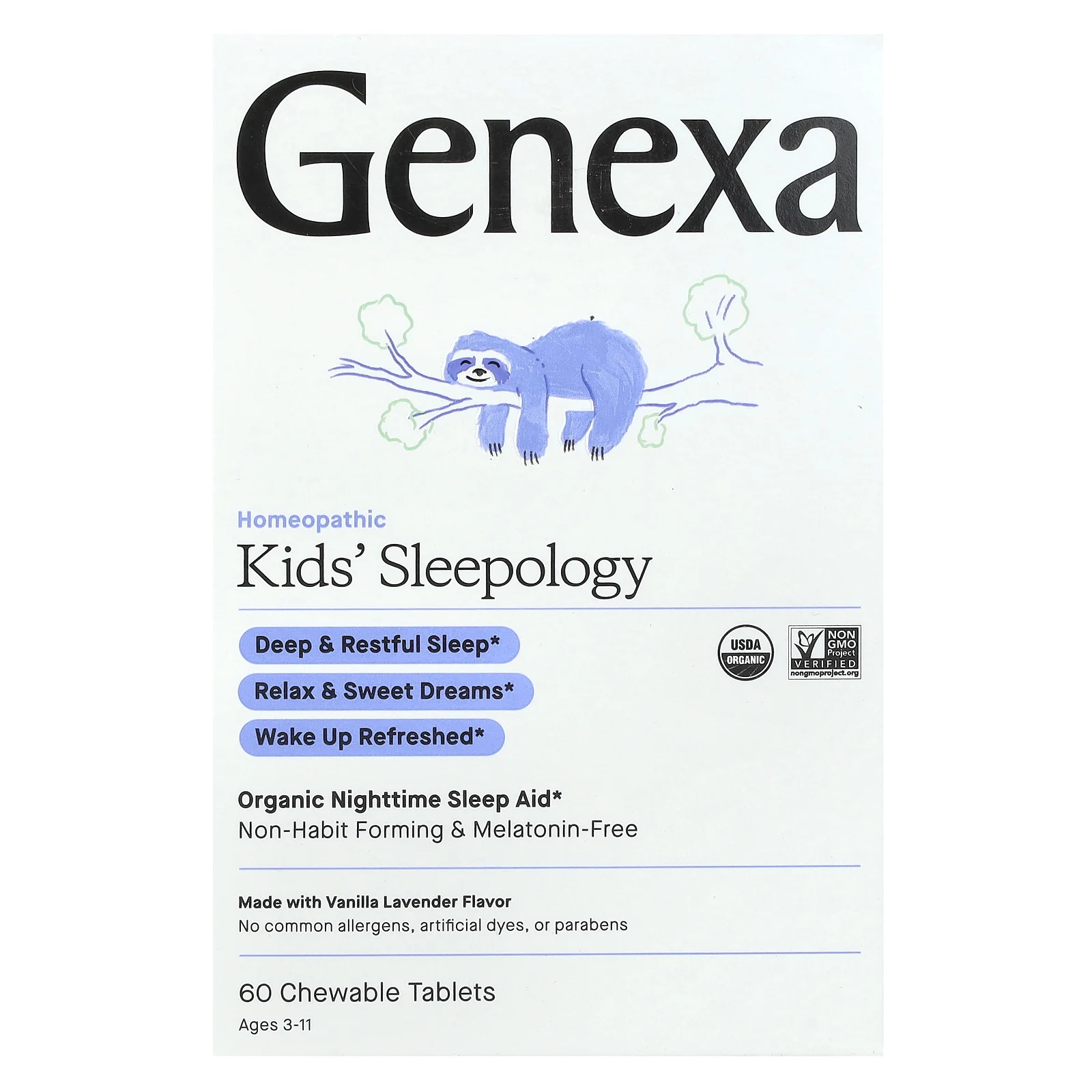 Genexa, Kid's Sleepology, органическая добавка для нормализации ночного сна, вкус ванили и лаванды, для детей от 3 лет, 60 жевательных таблеток