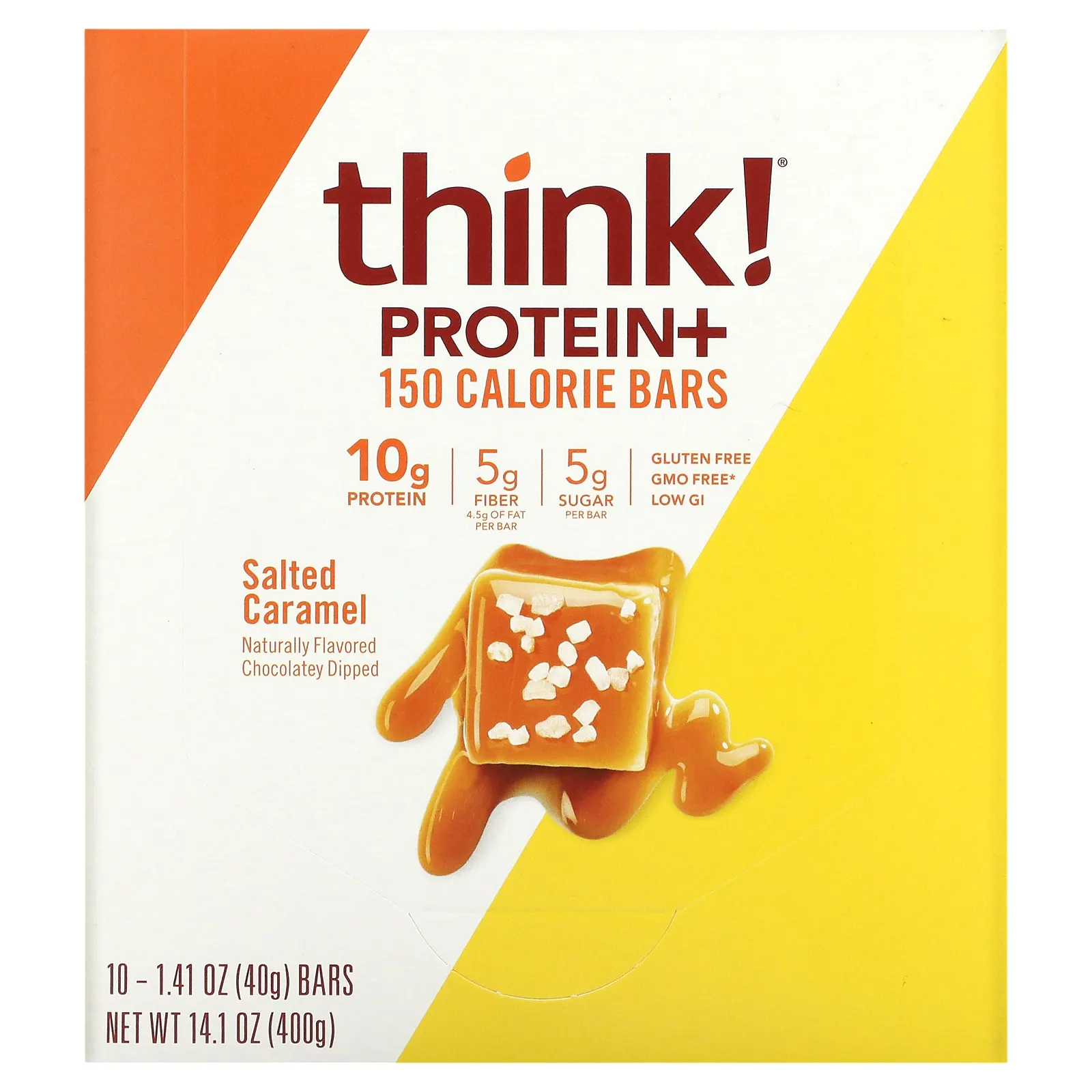 Think !, Батончики Protein + 150 Calorie, соленая карамель, 10 батончиков по 1,41 унции (40 г) каждый