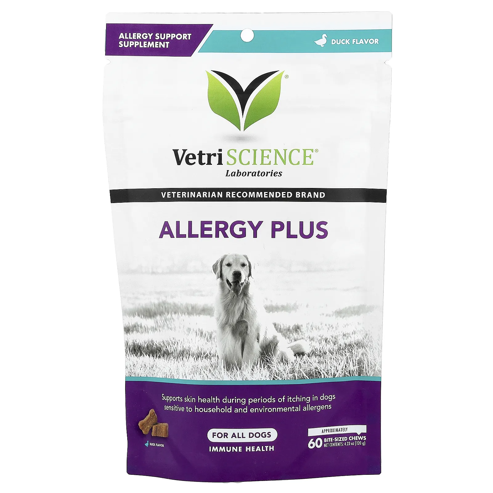 Vetriscience, Allergy Plus, для всех собак, утка, жевательные таблетки на размер 60, 120 г (4,23 унции)