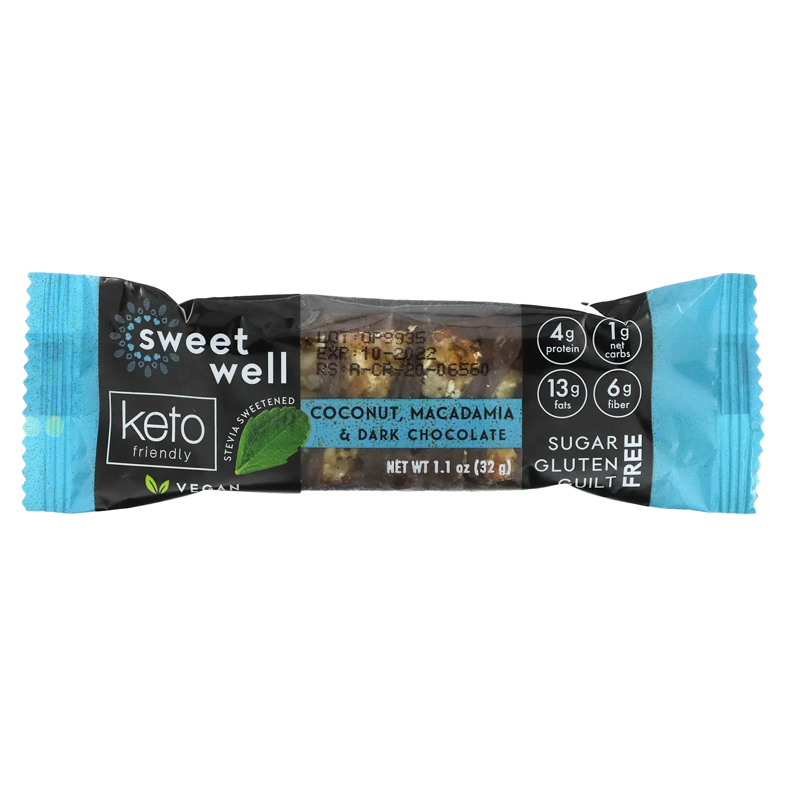 Sweetwell, Keto Bar, кокос, макадамия и темный шоколад, 10 батончиков по 32 г (1,1 унции)