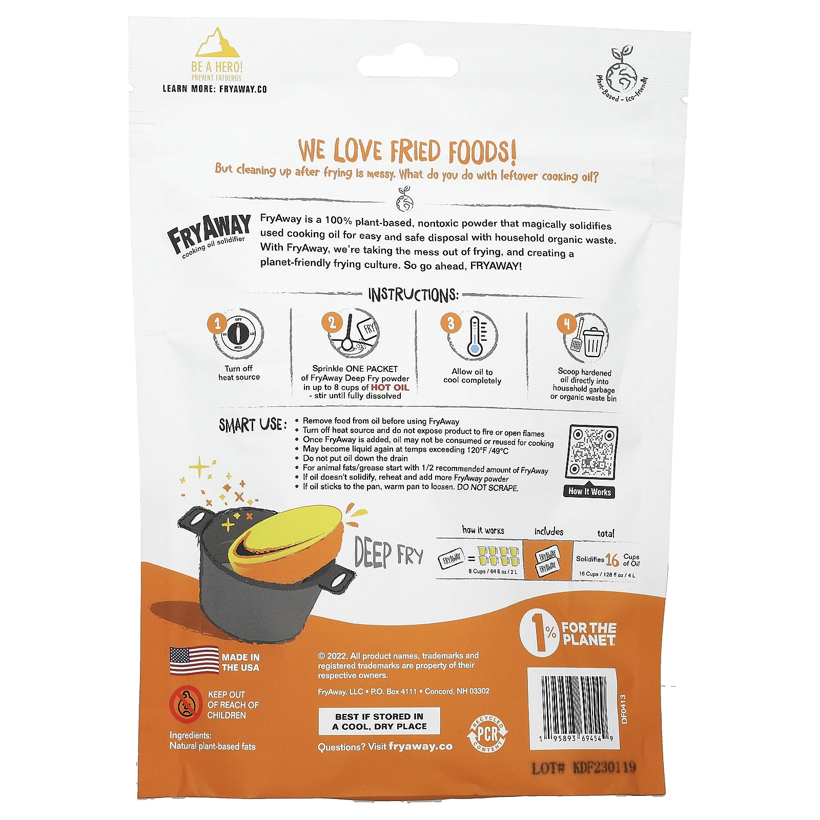 FryAway, отвердитель растительного масла для фритюра, 2 пакетика, 120 г (4,2 унции)