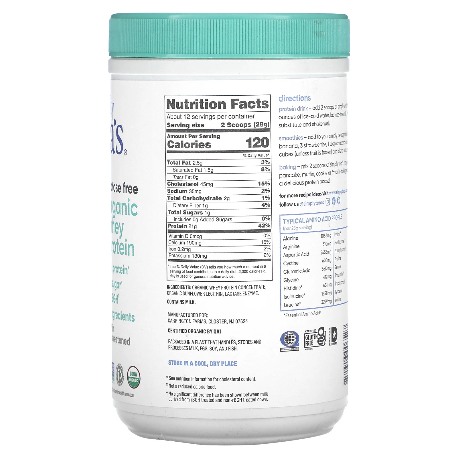 Simply Tera's, органический сывороточный протеин, обычный, без подсластителя, 340 г (12 унций)