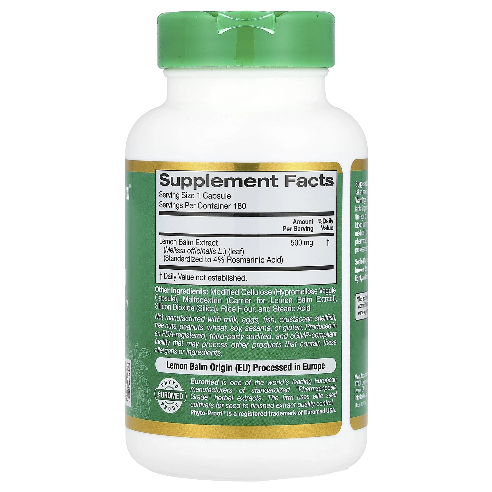 California Gold Nutrition, EuroHerbs, экстракт мелиссы лекарственной, европейское качество, 500 мг, 180 растительных капсул