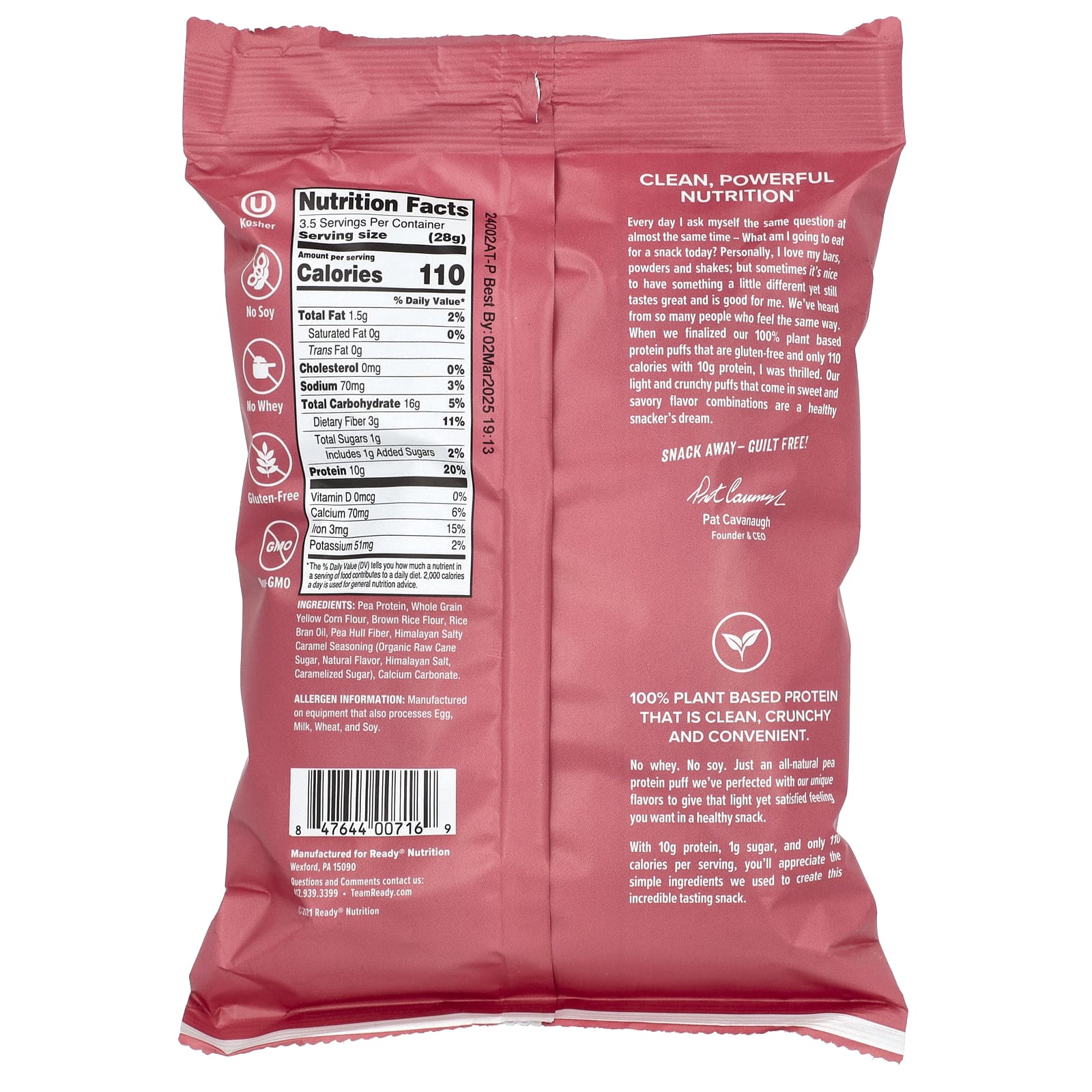 Ready, Protein Puffs, розовая гималайская морская соль, 99 г (3,5 унции)