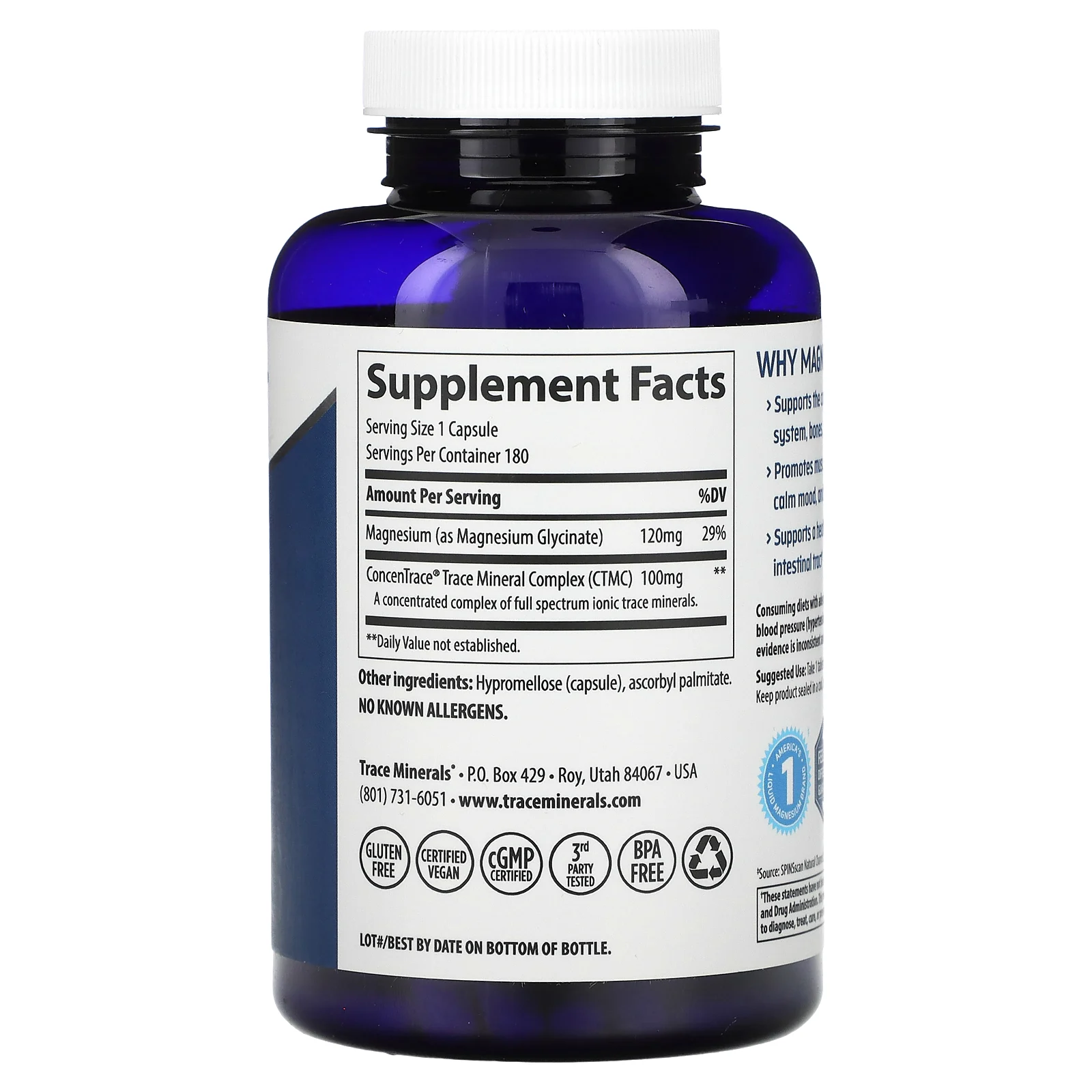 Trace Minerals ®, Глицинат магния, 120 мг, 180 капсул