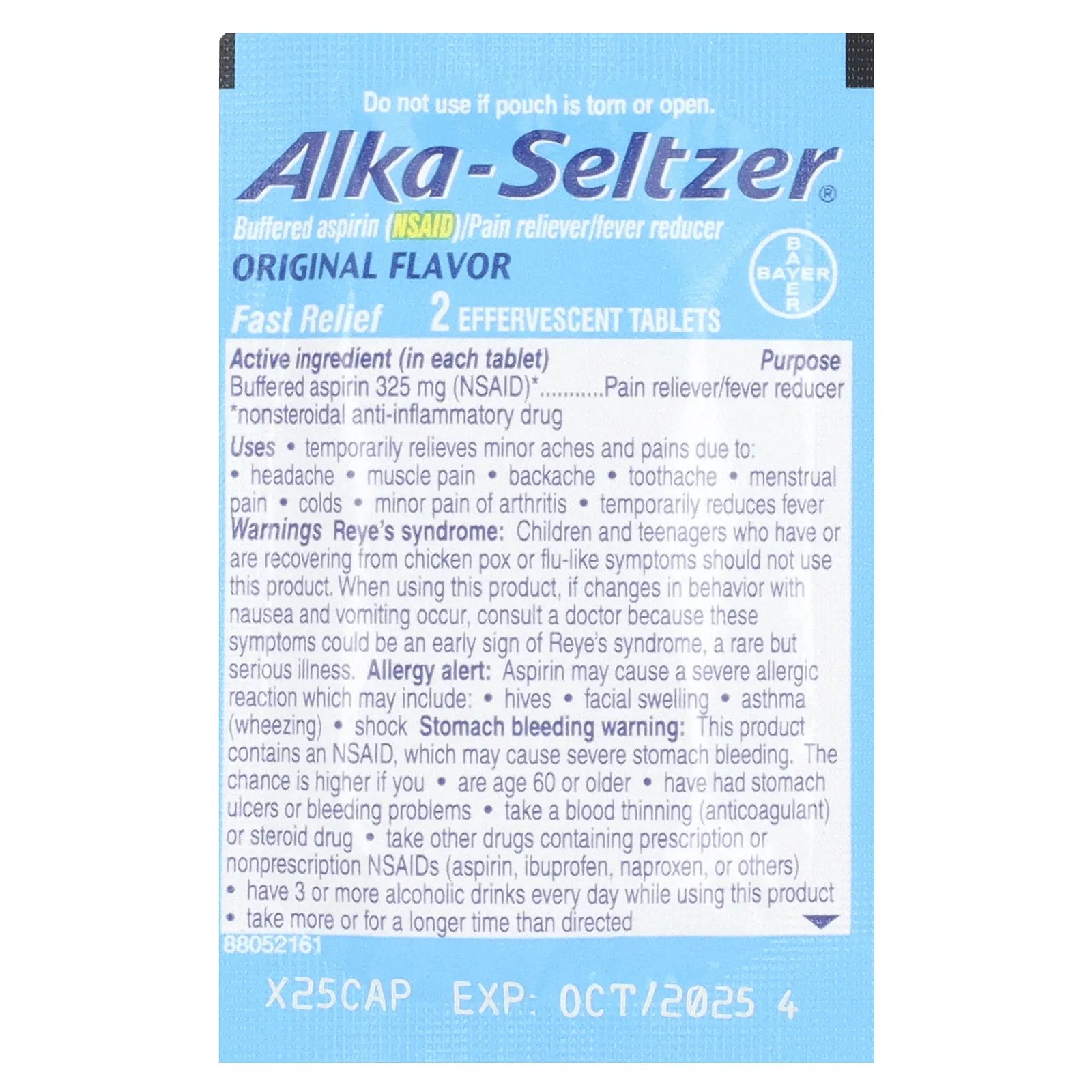 Alka-Seltzer, Буферизованный аспирин (НПВП), обезболивающее / средство для снижения температуры, оригинальный, 58 пакетиков (2 шт.) В каждом