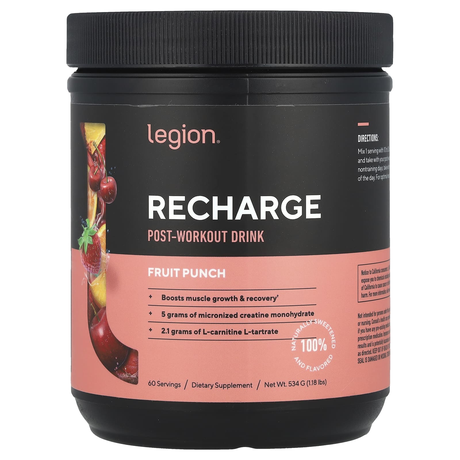 Legion Athletics, Recharge, послетренировочный напиток, фруктовый пунш, 534 г (1,18 фунта)