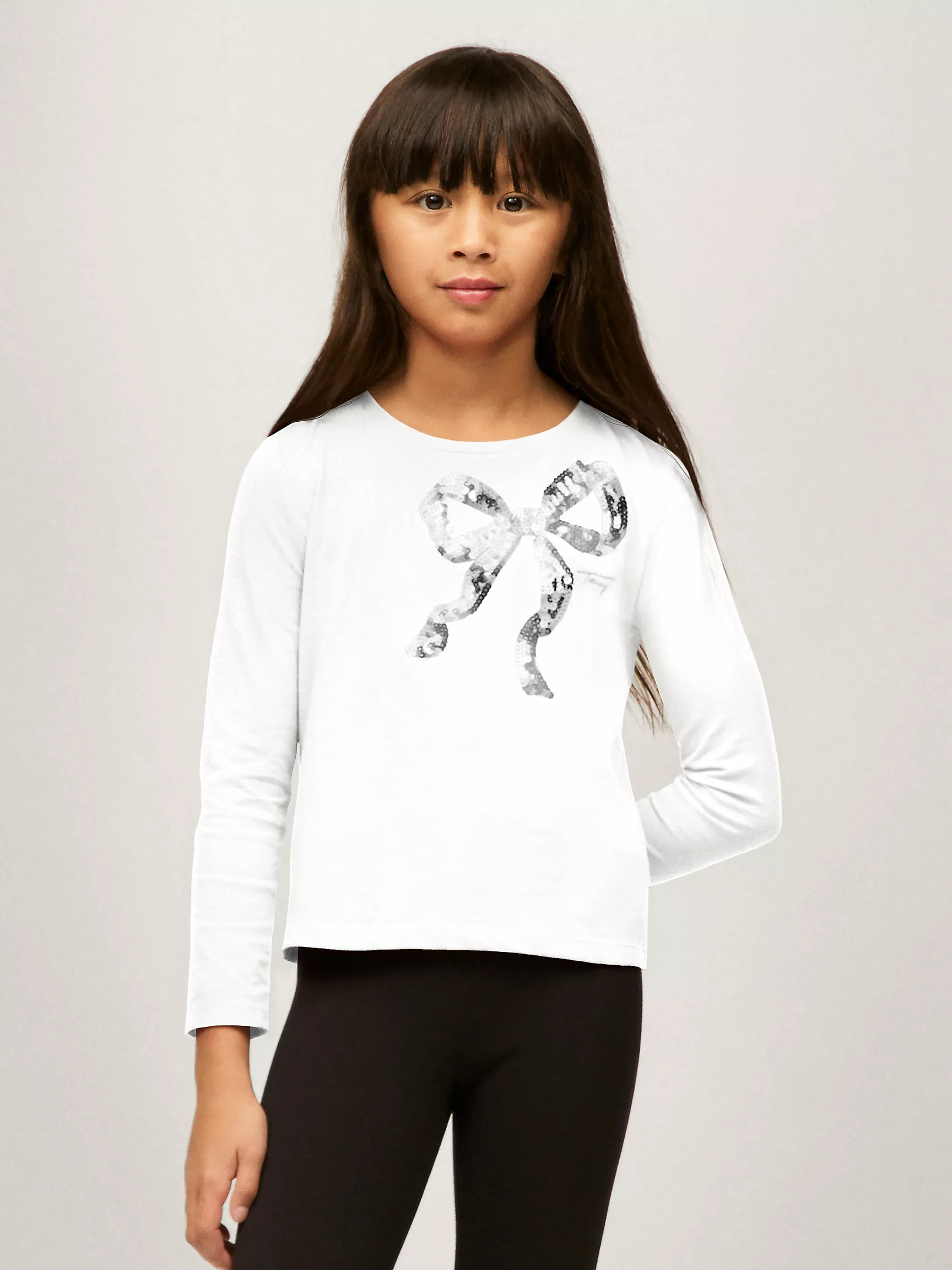 Футболка для девочек Tommy Hilfiger, Детская футболка с длинным рукавом и пайетками в виде банта