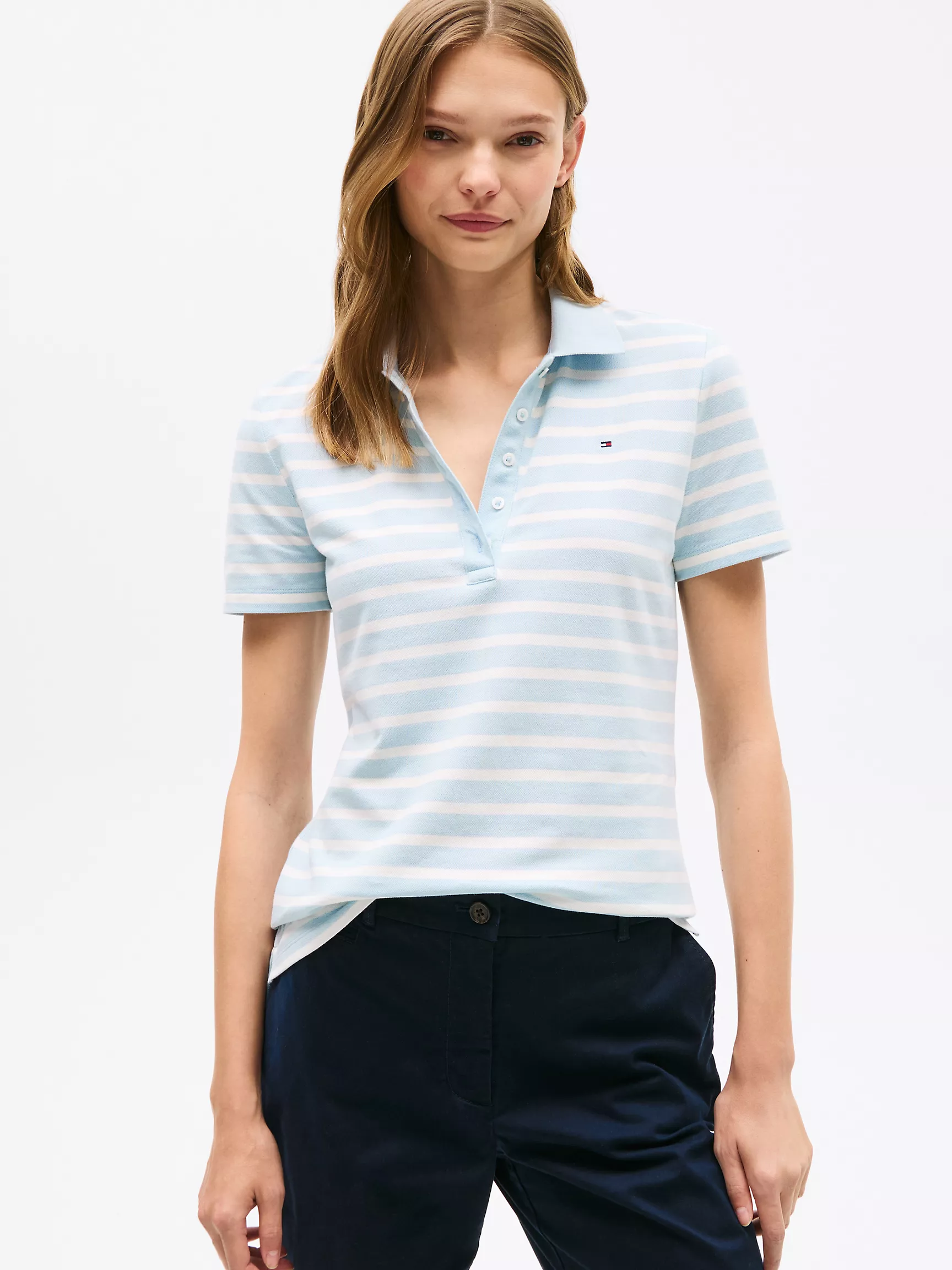 Женское поло Tommy Hilfiger, Приталенное полосатое эластичное хлопковое поло