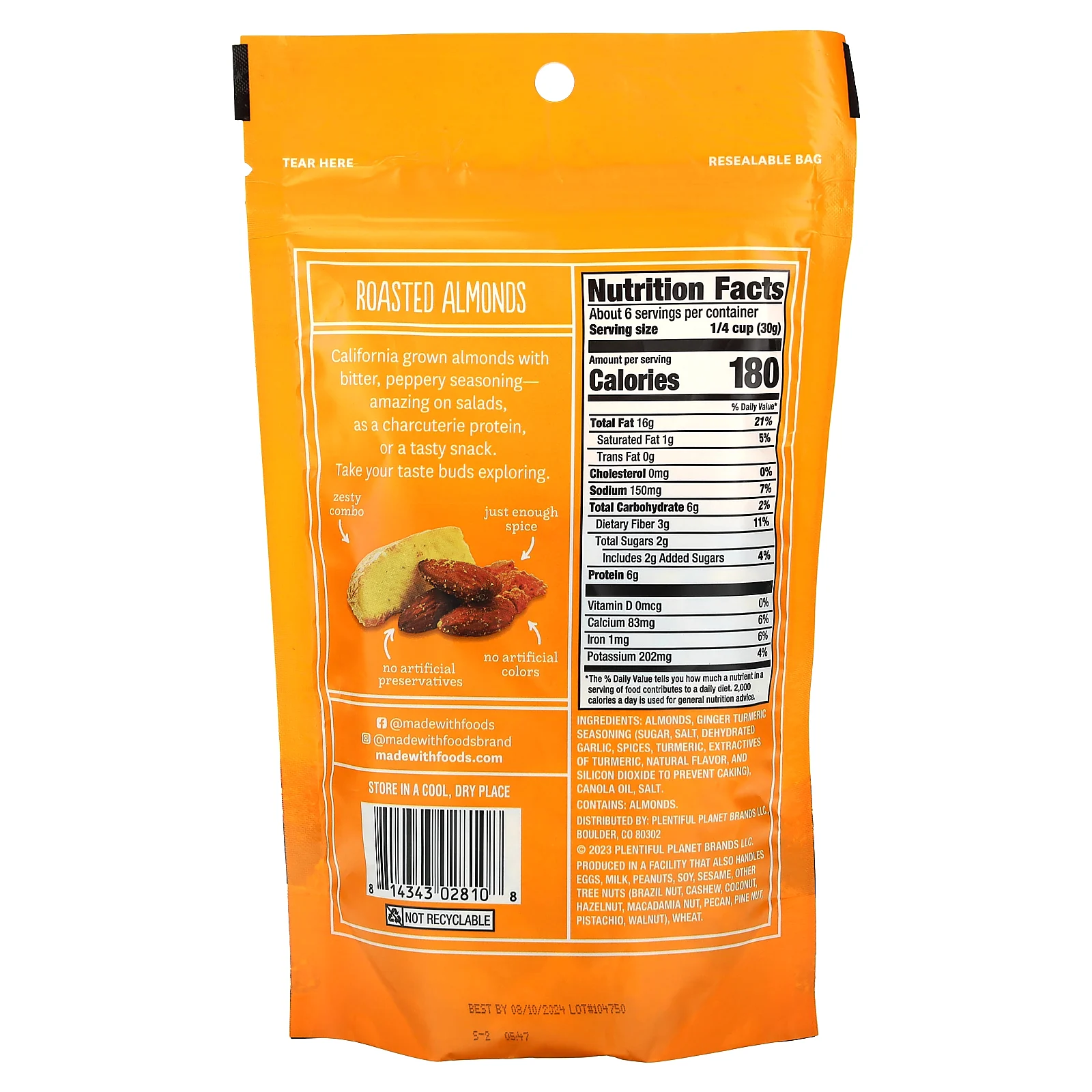 Made With, жареный миндаль с приправами, имбирь и куркума, 170 г (6 унций)
