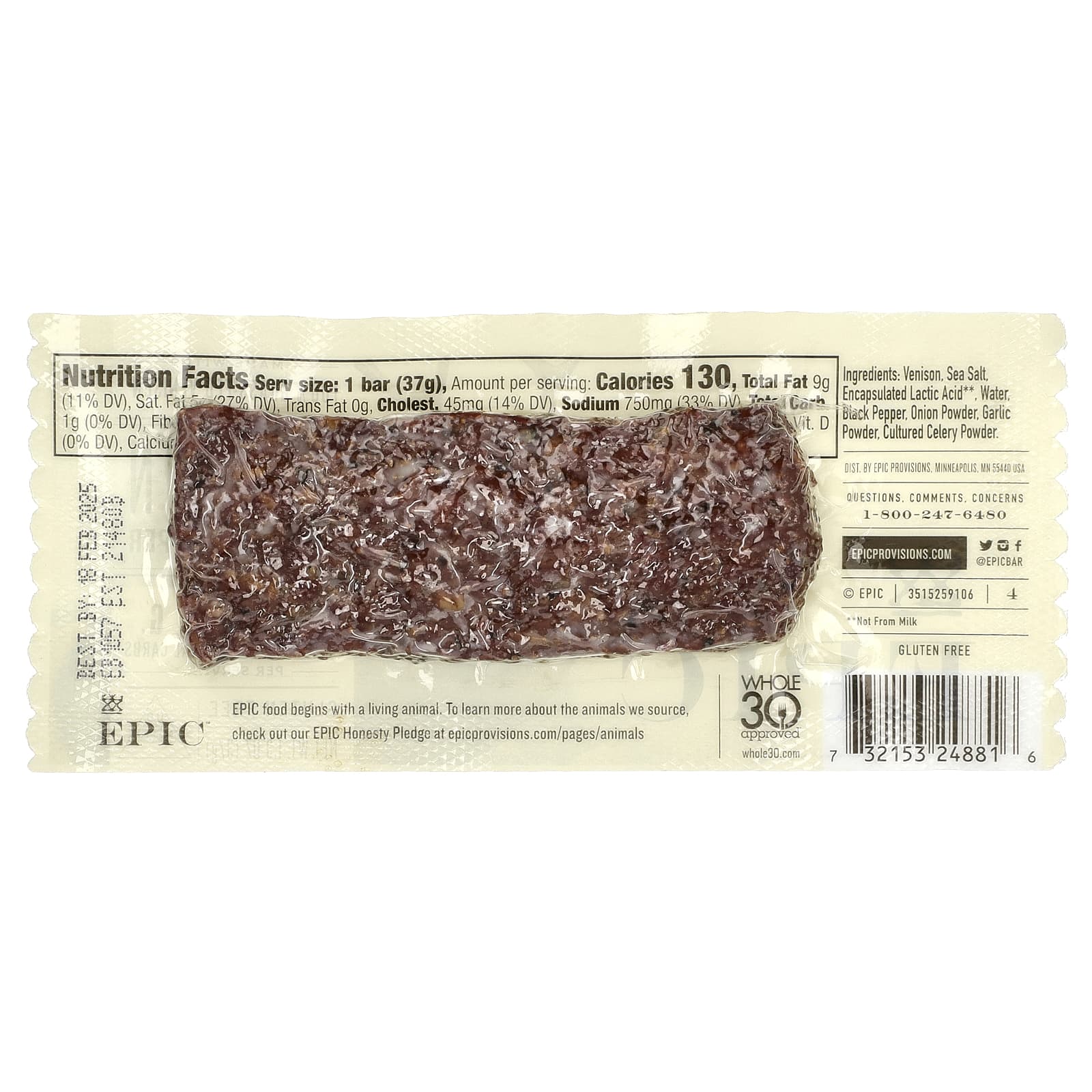 Epic Bar, Venison Sea Salt + Pepper Bar, 1.3 oz (37 g)