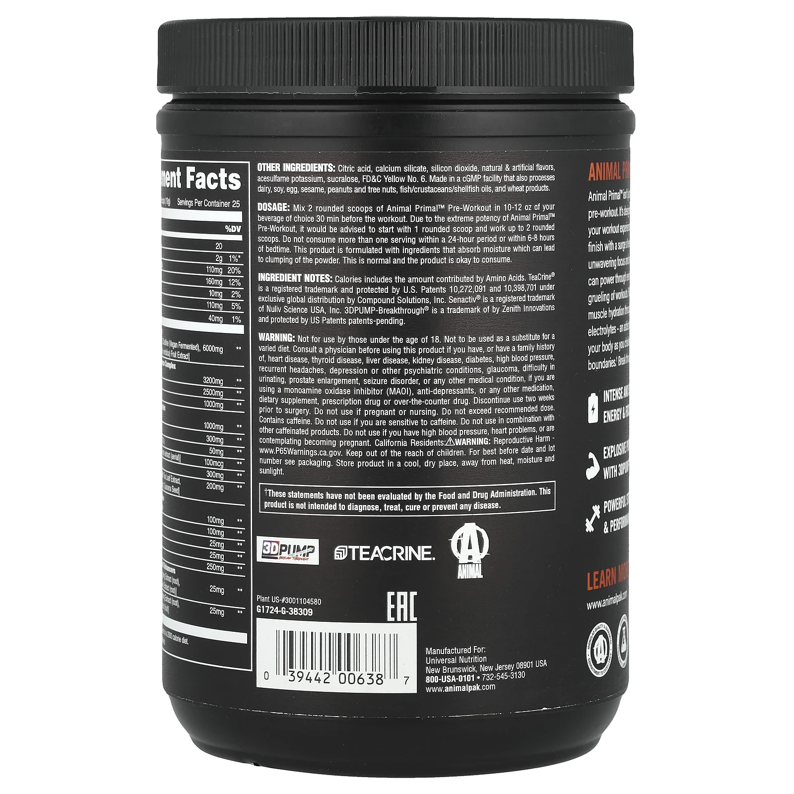 Animal, Порошок Primal ™ перед тренировкой, персиковый, 475 г (1,04 фунта)