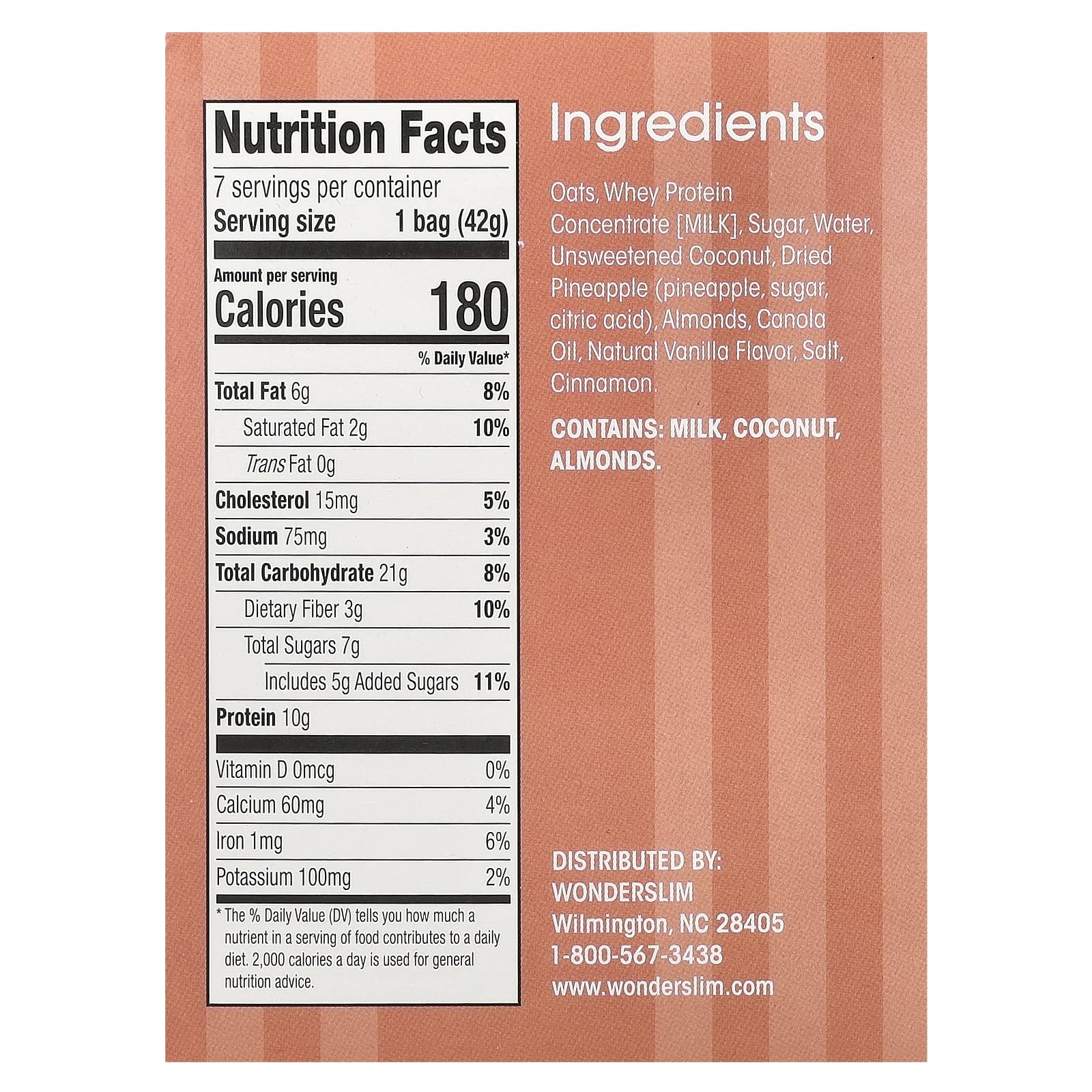 WonderSlim, протеиновая смесь для гранолы, ананас и кокос, 7 пакетиков по 42 г (1,5 унции)