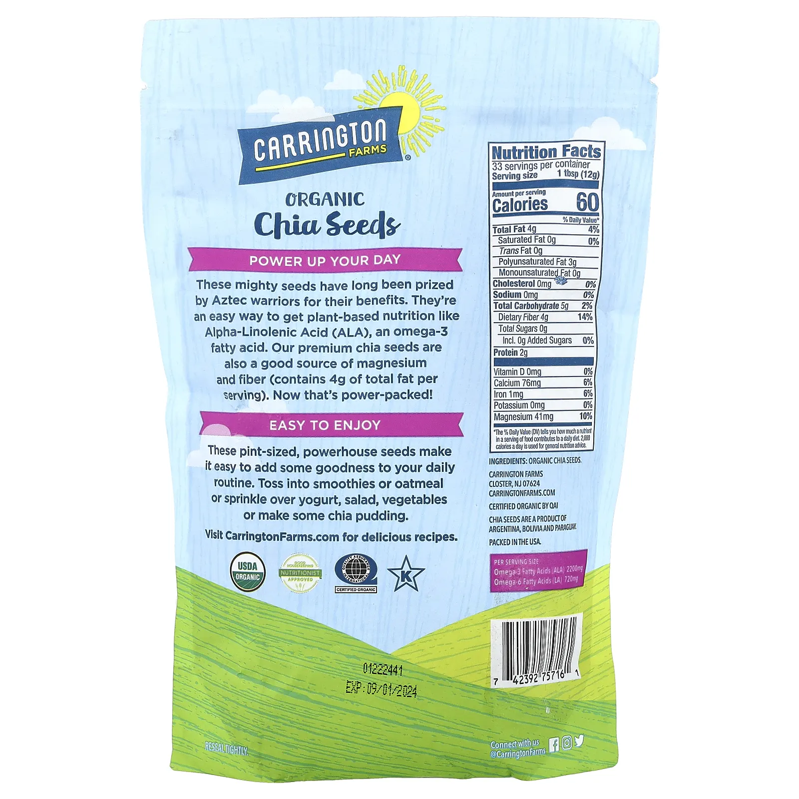 Carrington Farms, Органические семена чиа, 397 г (14 унций)