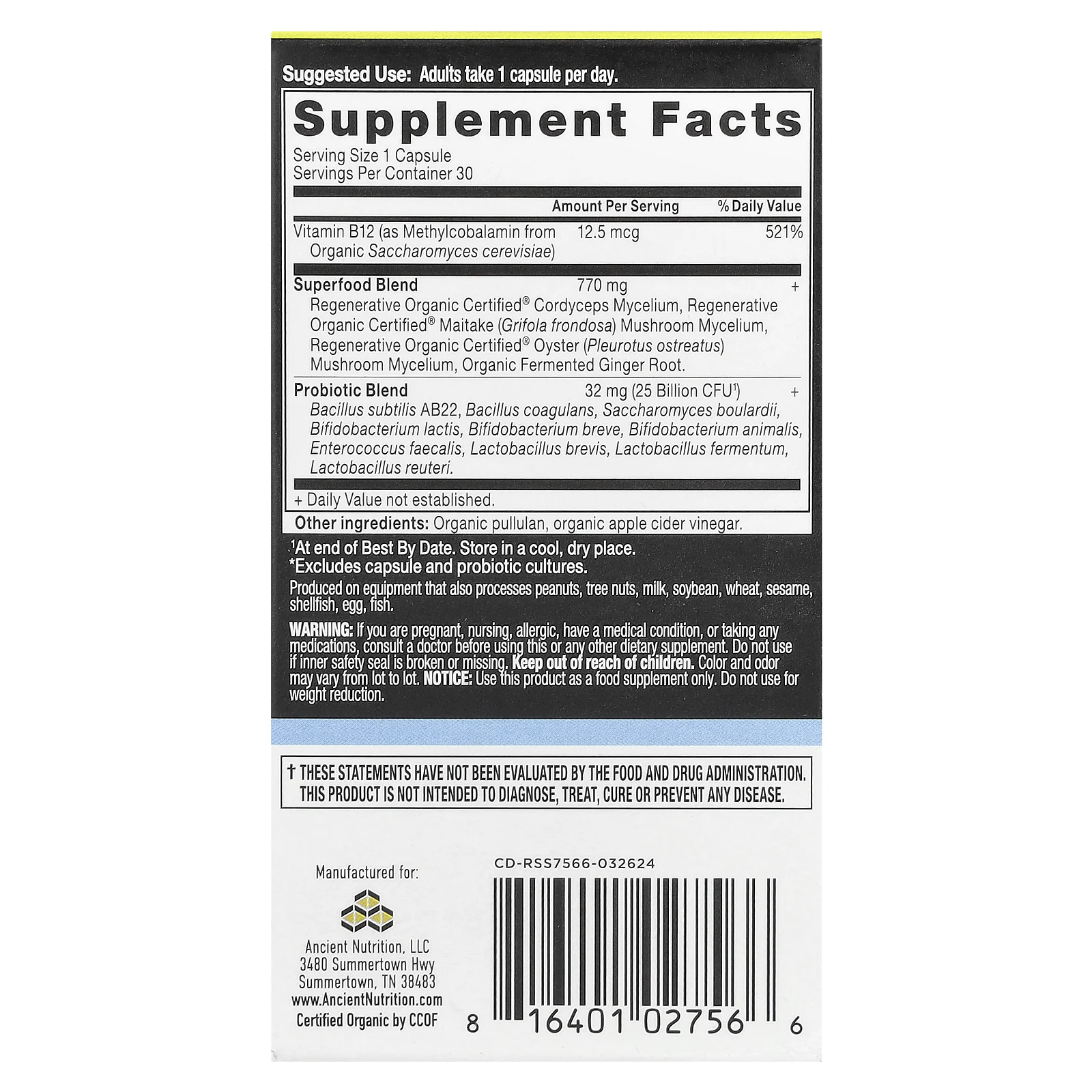 Ancient Nutrition, Пробиотики для приема один раз в день, 30 капсул