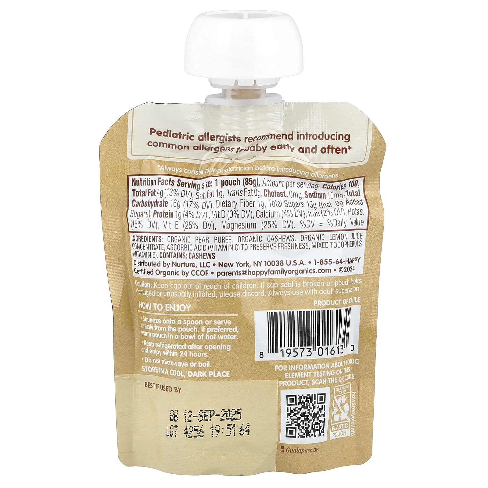 Happy Family Organics, Happy Baby®, Nutty Blends™, для детей от 6 месяцев, органическая паста из груш и кешью, 85 г (3 унции)