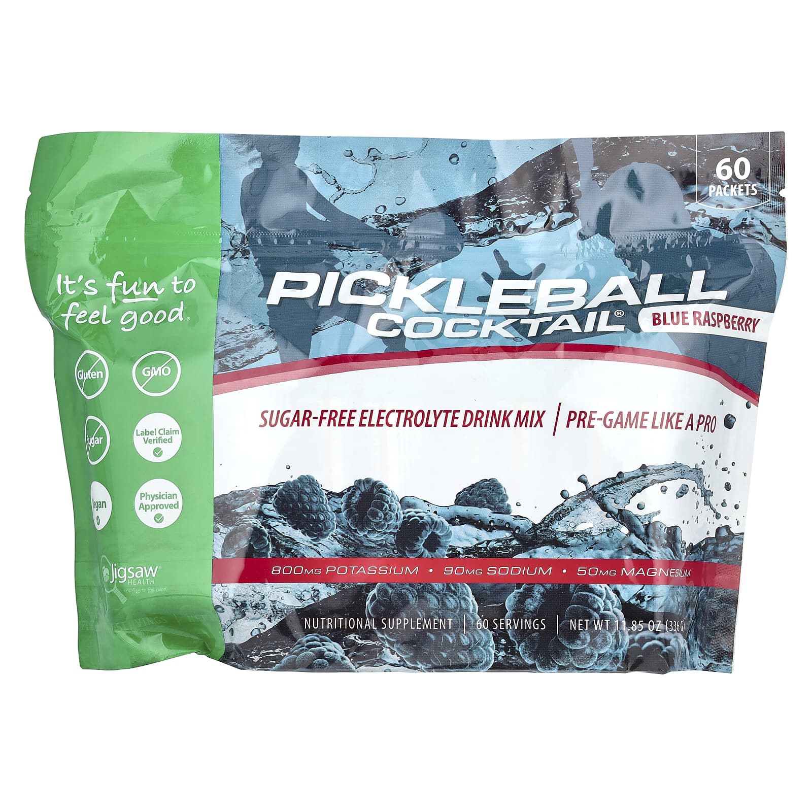 Jigsaw Health, Pickleball Cocktail®, смесь для приготовления напитков с электролитами без сахара, голубая малина, 60 пакетиков по 5,6 г