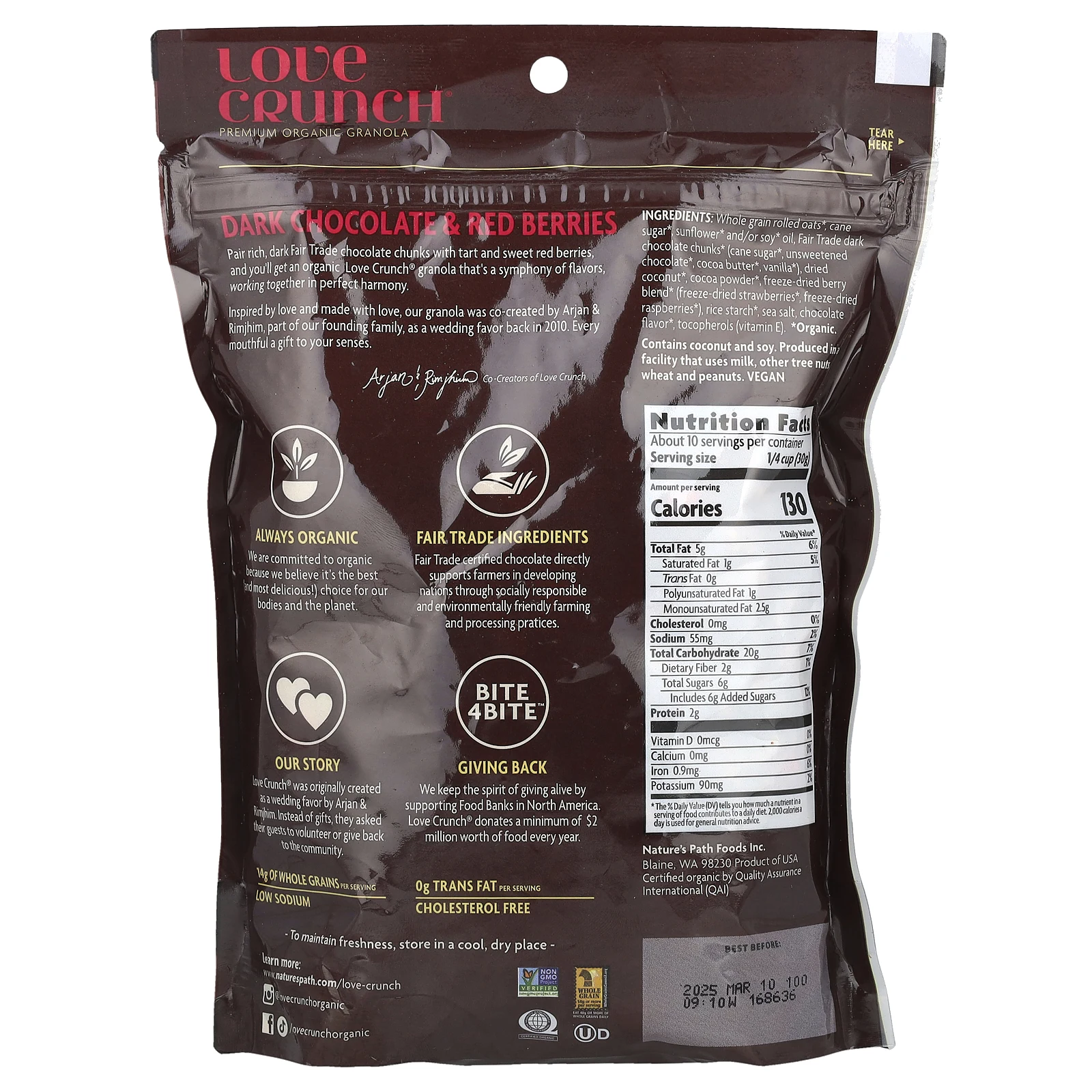 Nature's Path, Love Crunch, органическая гранола премиального качества, с черным шоколадом и красными ягодами, 325 г (11,5 унции)