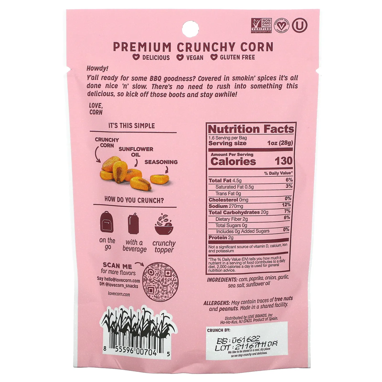 Love Corn, Premium Crunchy Corn, барбекю с копченым вкусом, 45 г (1,6 унции)