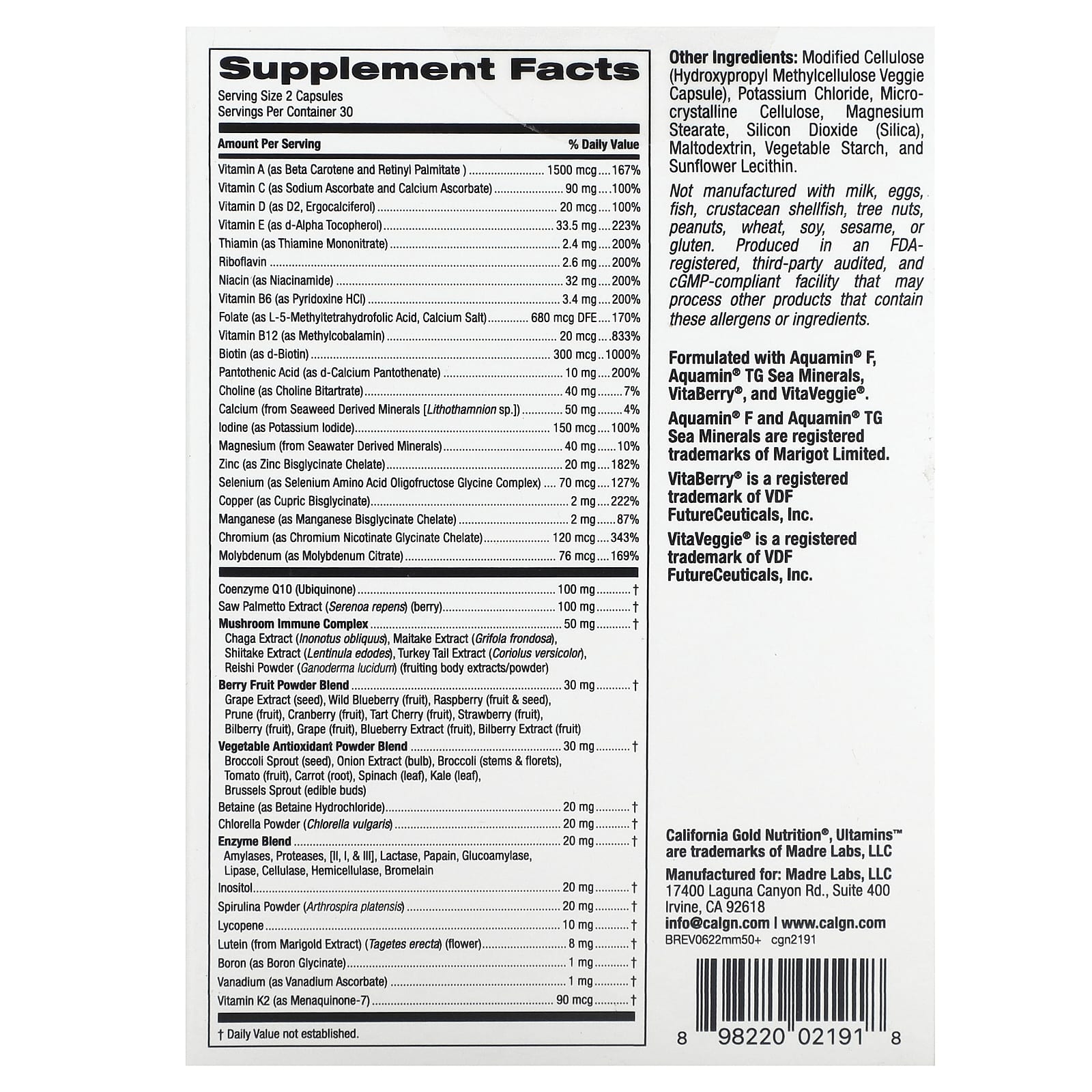 California Gold Nutrition, Ultamins, мультивитамины для мужчин старше 50 лет, с коэнзимом Q10, грибами, ферментами, овощами и ягодами, 60 растительных капсул