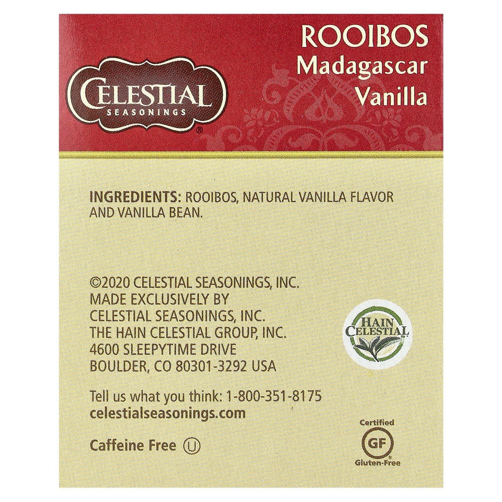 Celestial Seasonings, Африканский красный травяной чай, ройбуш, мадагаскарская ваниль, без кофеина, 20 чайных пакетиков, 42 г (1,5 унции)