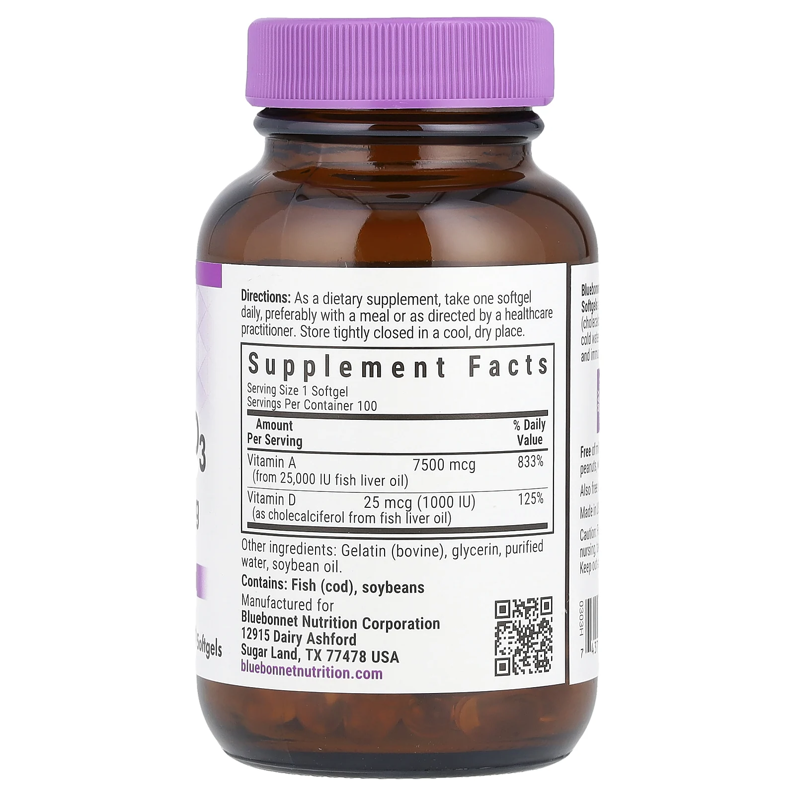 Bluebonnet Nutrition, витамины A и D3, 100 капсул