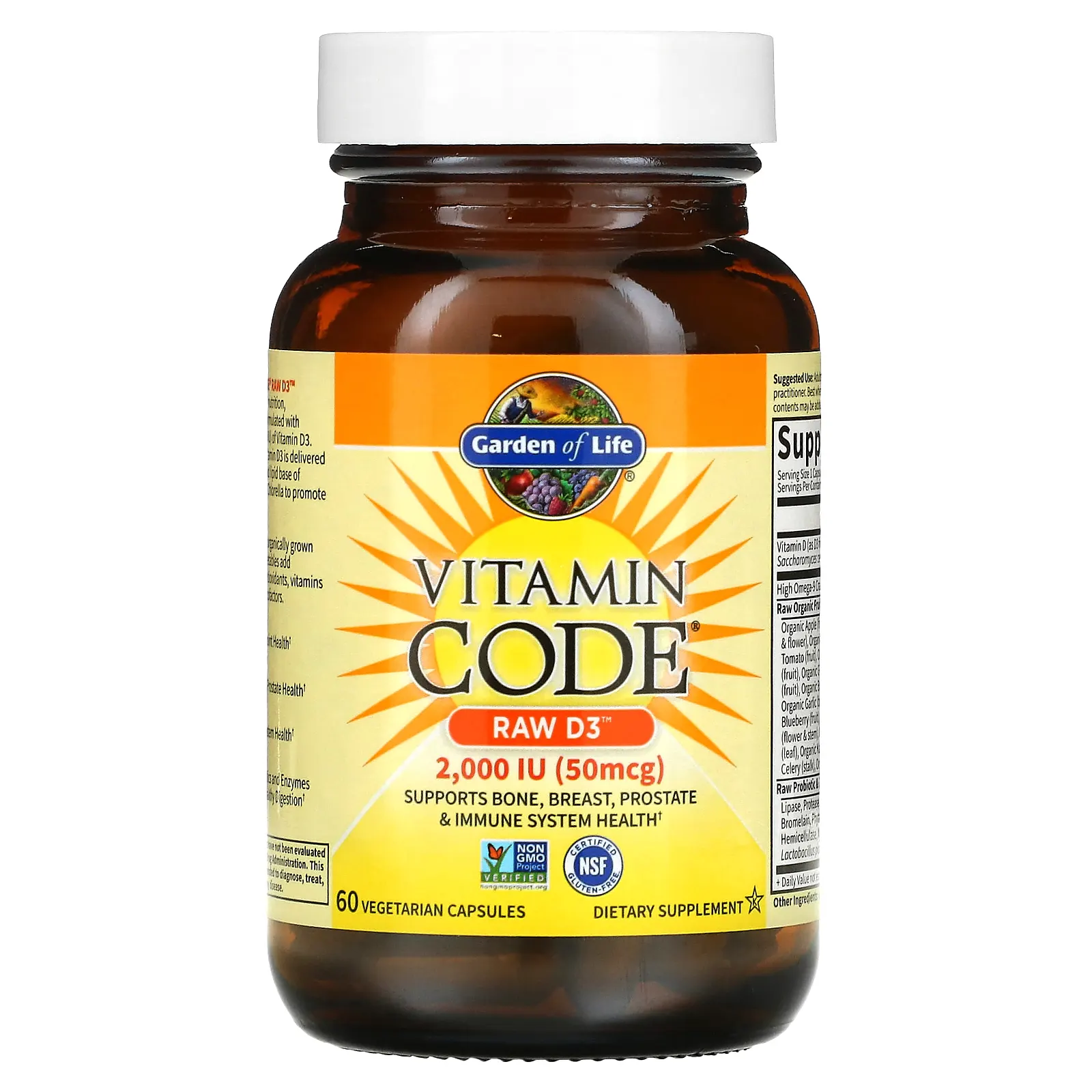 Garden of Life, Vitamin Code, RAW D3, 50 мкг (2000 МЕ), 60 вегетарианских капсул