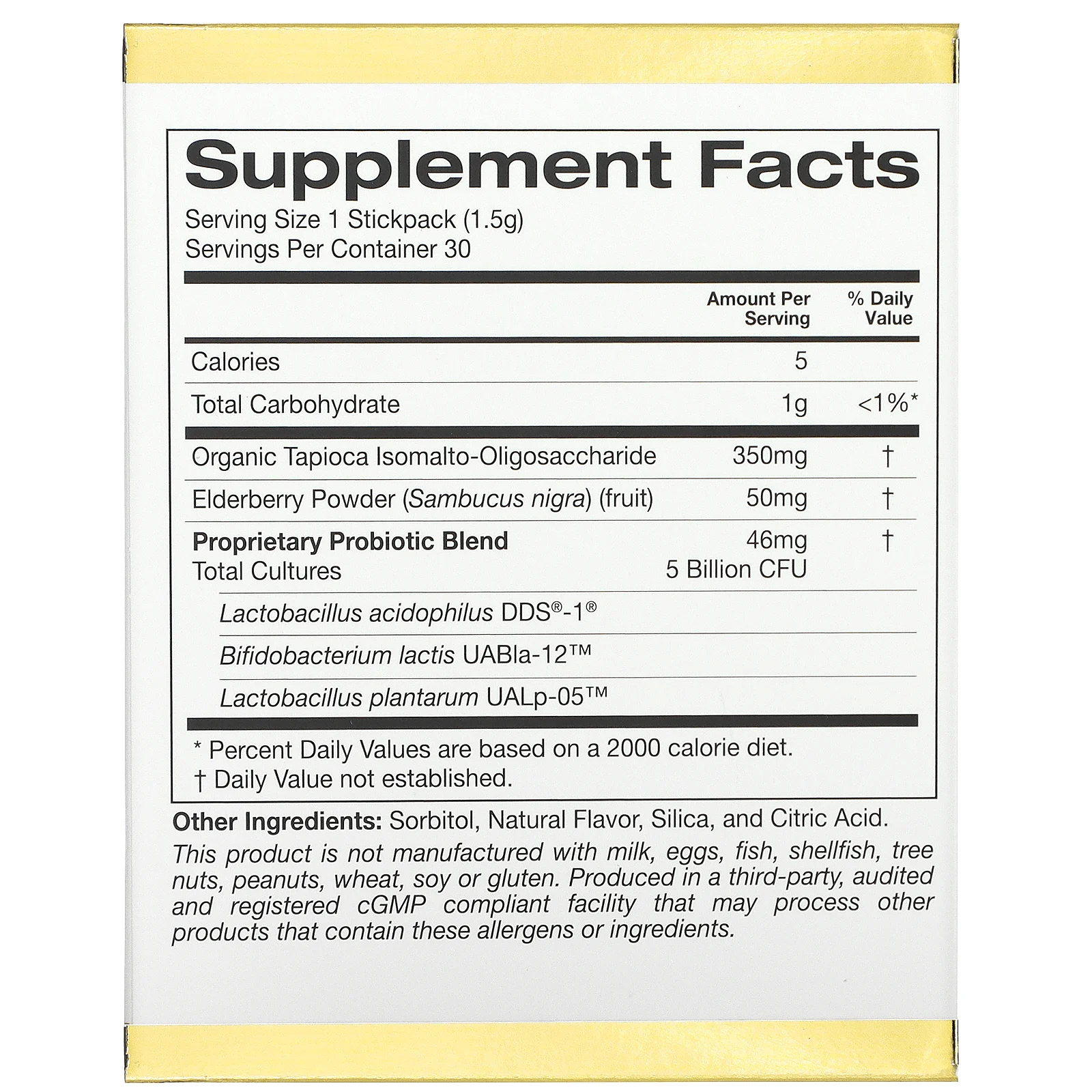 California Gold Nutrition, Pixies, пребиотики и пробиотики для детей, 5 млрд. КОЕ, с добавлением бузины, с натуральным вкусом голубики, 30 пакетиков по 1,5 г (0,05 унции)