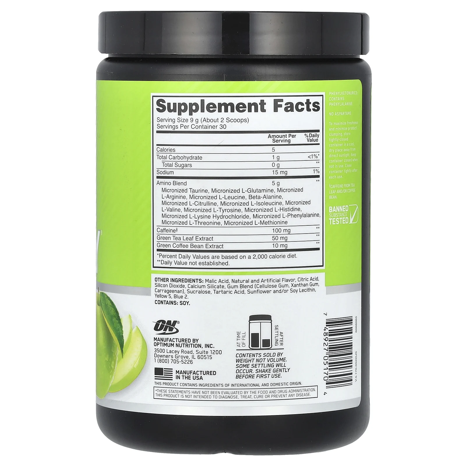 Optimum Nutrition, Essential Amin.O. Energy, со вкусом зеленого яблока, 270 г (9,5 унции)