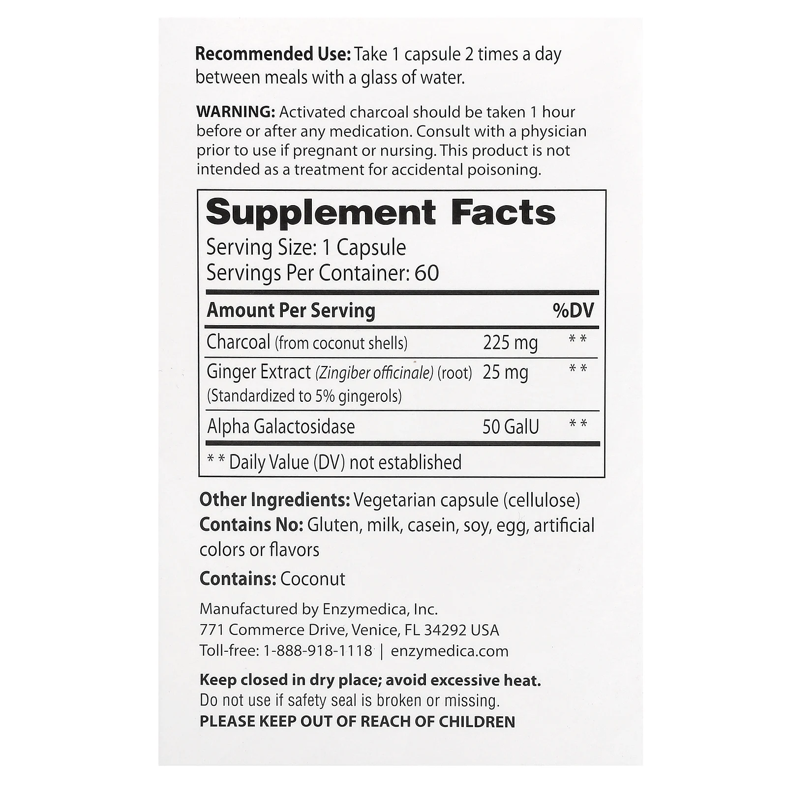 Enzymedica, Purify, активированный уголь, 60 капсул