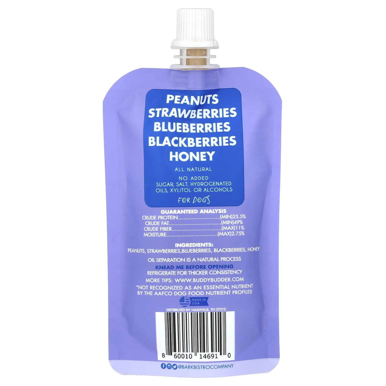 Bark Bistro, Buddy Budder, арахисовая паста, для собак, суперягодный снут, 113 г (4 унции)