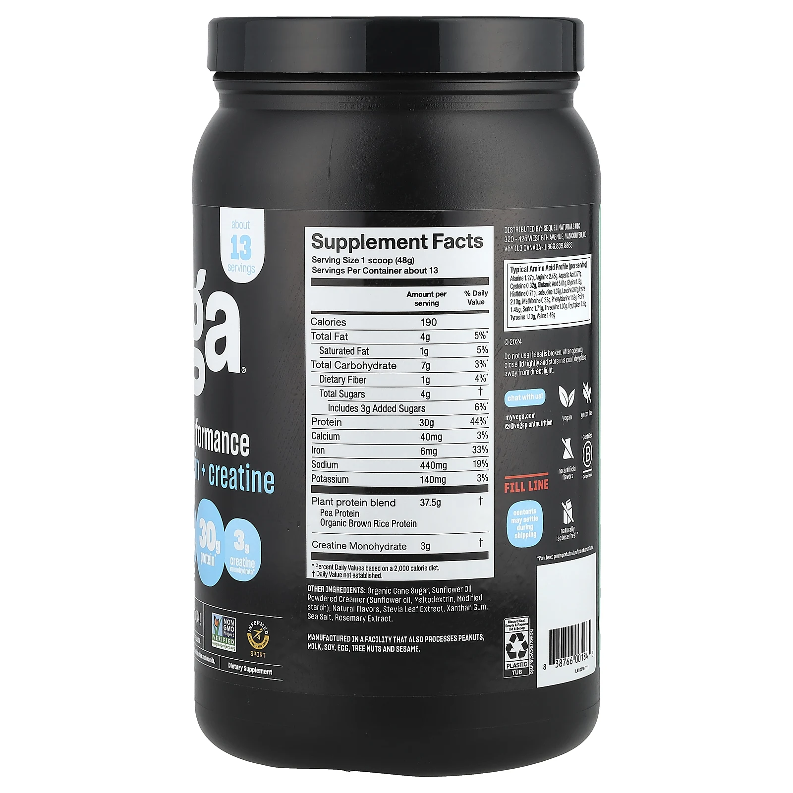 Vega, растительные протеин и креатин для производительности, сливочная ваниль, 624 г (1 фунт 6 унций)