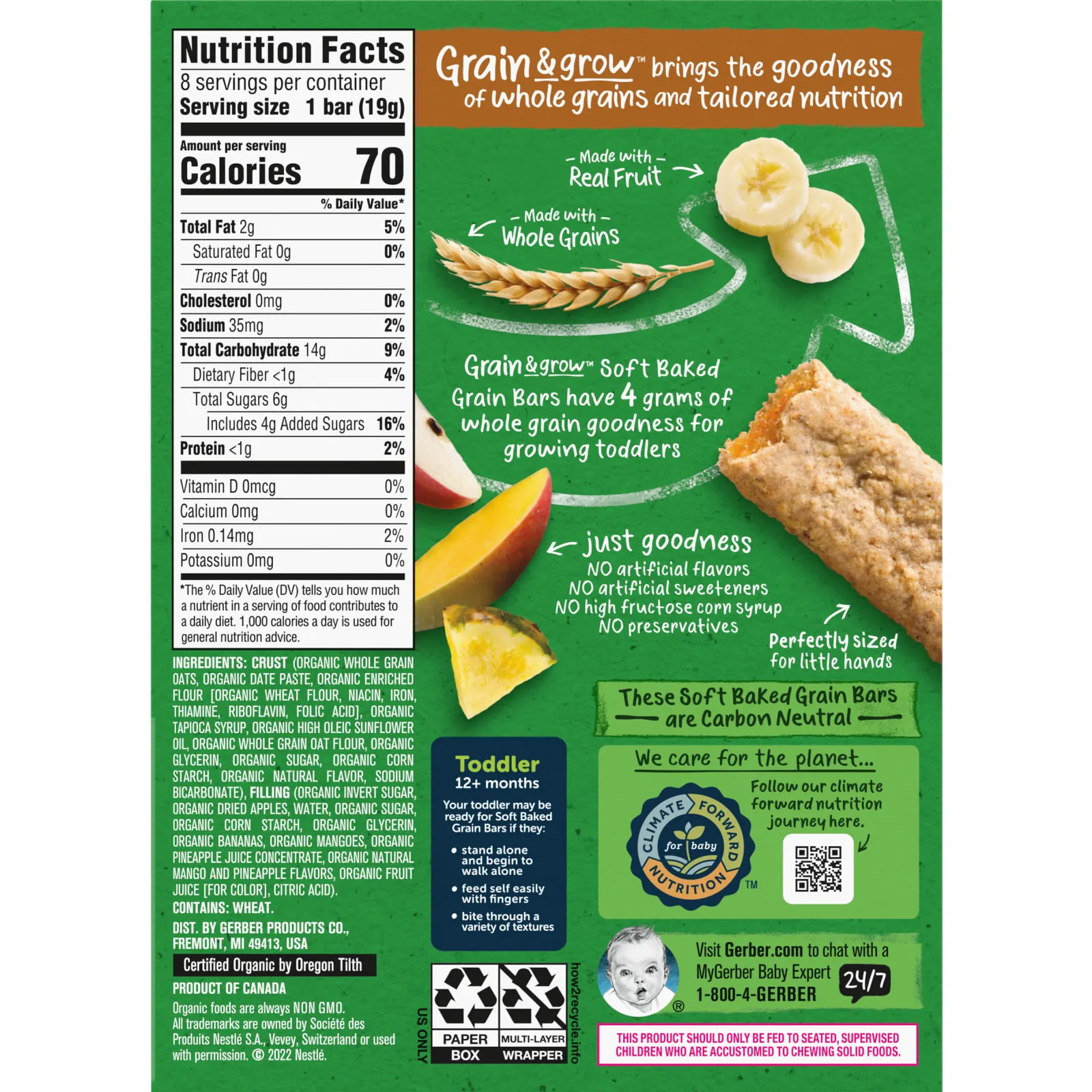 Gerber, Organic, Grain & Grow, батончики из мягкого запеченного зерна, от 12 месяцев, банан, манго и ананас, 8 батончиков в индивидуальной упаковке, 19 г (0,68 унции)