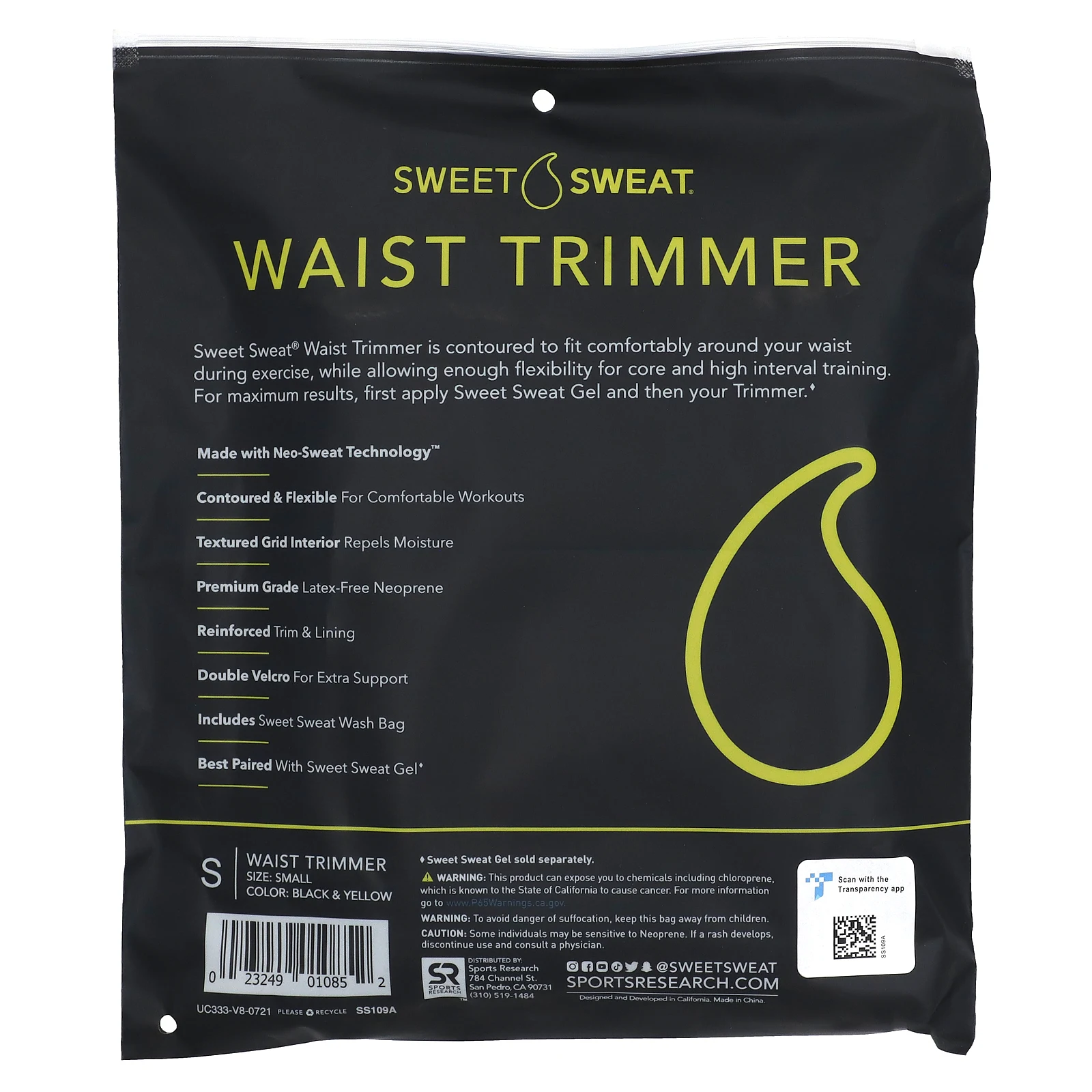 Sports Research, Sweet Sweat, пояс для похудения, маленький, черный и желтый, 1 шт.