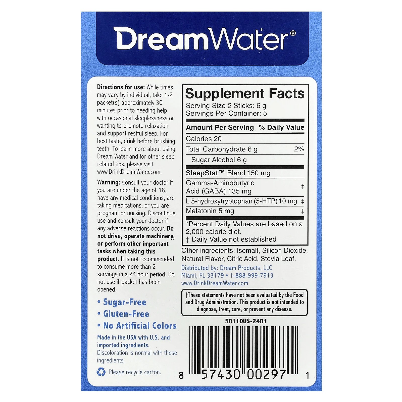 Dream Water, Оригинальный порошок для сна со смесью SleepStat ™, ягоды для сна, 10 пакетиков по 3 г (0,1 унции)