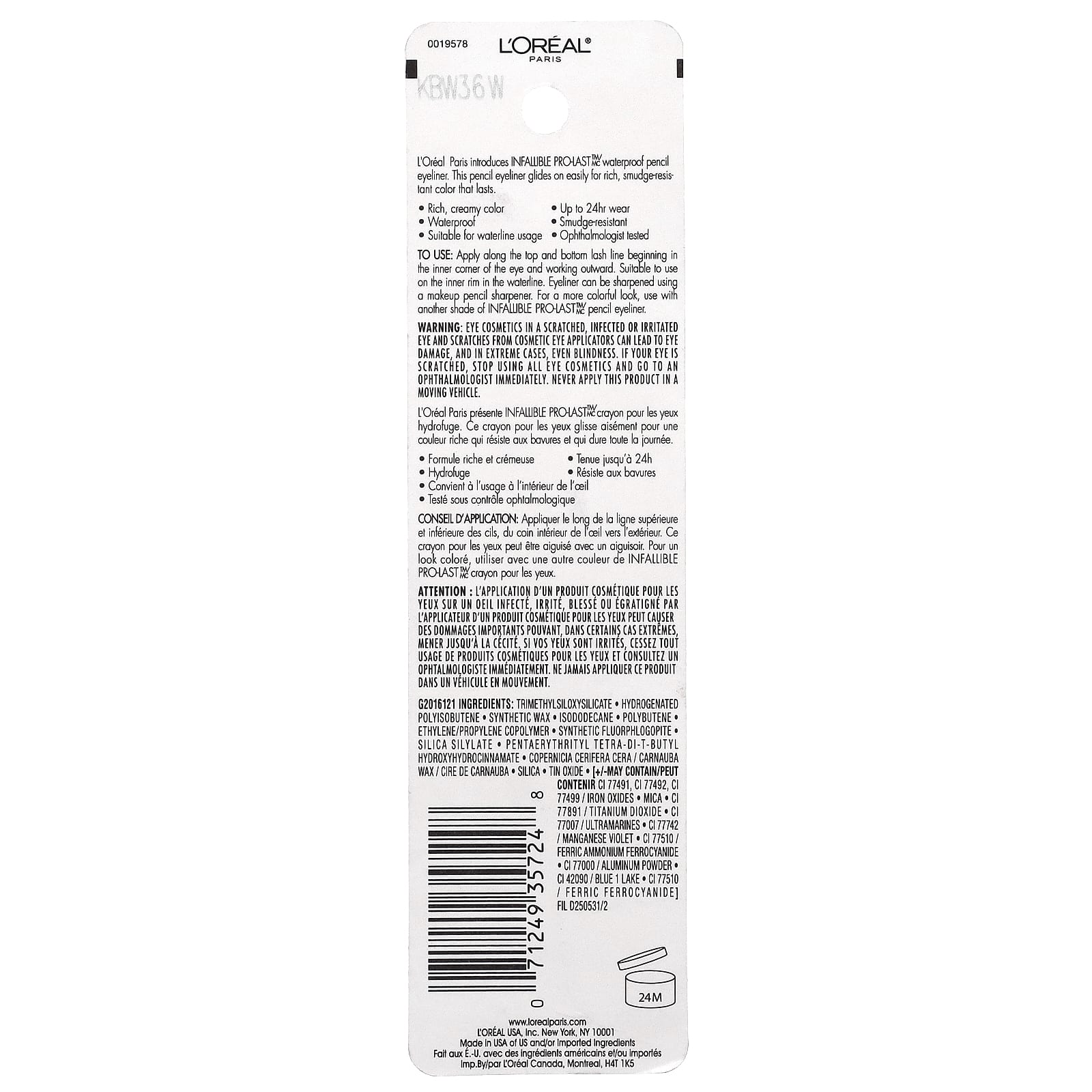L'Oréal, Infallible Pro-Last ™, водостойкий карандаш для глаз, 930 черный, 1,2 г (0,042 жидк. Унции)