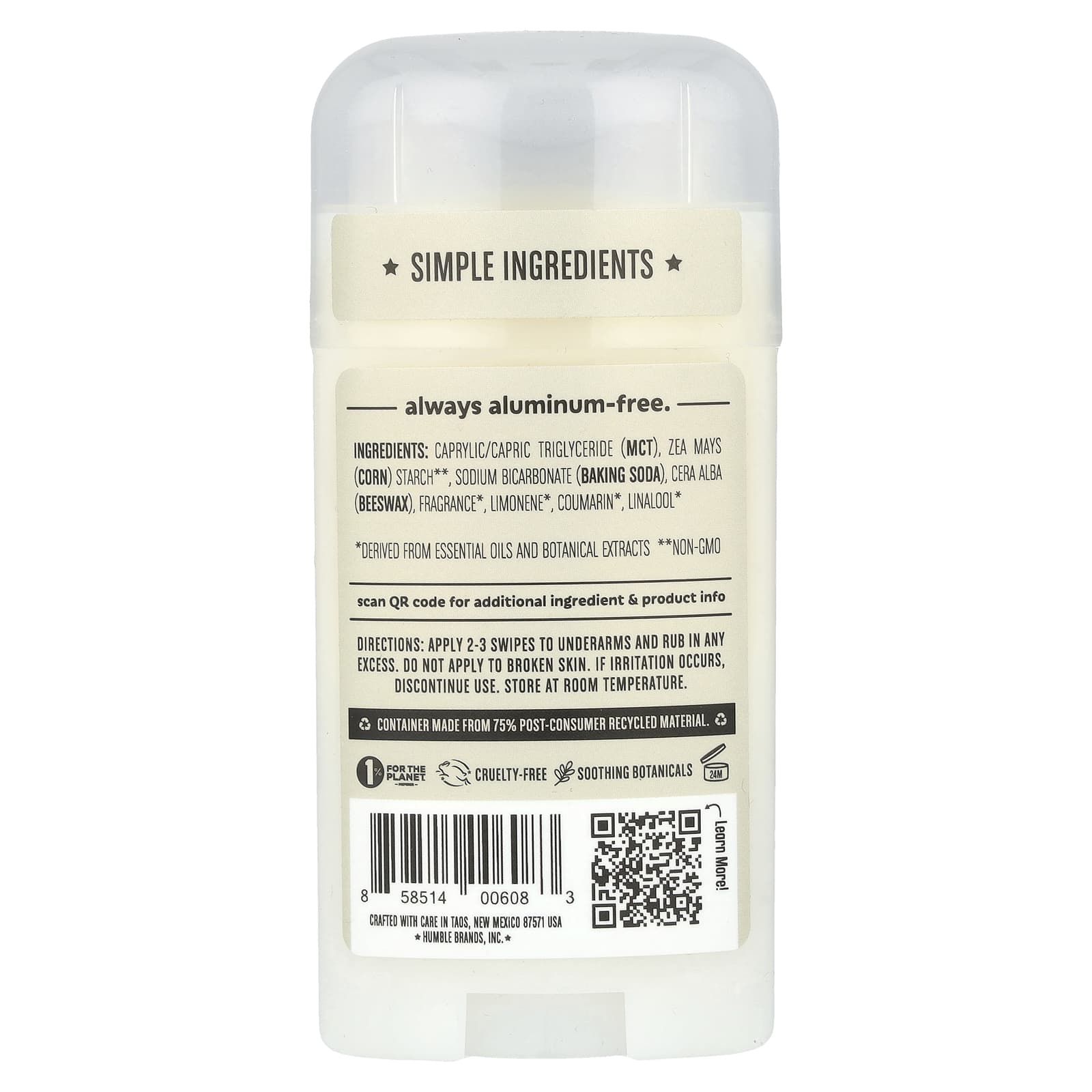 Humble Brands, Дезодорант без алюминия, пало санто и ладан, 70 г (2,5 унции)