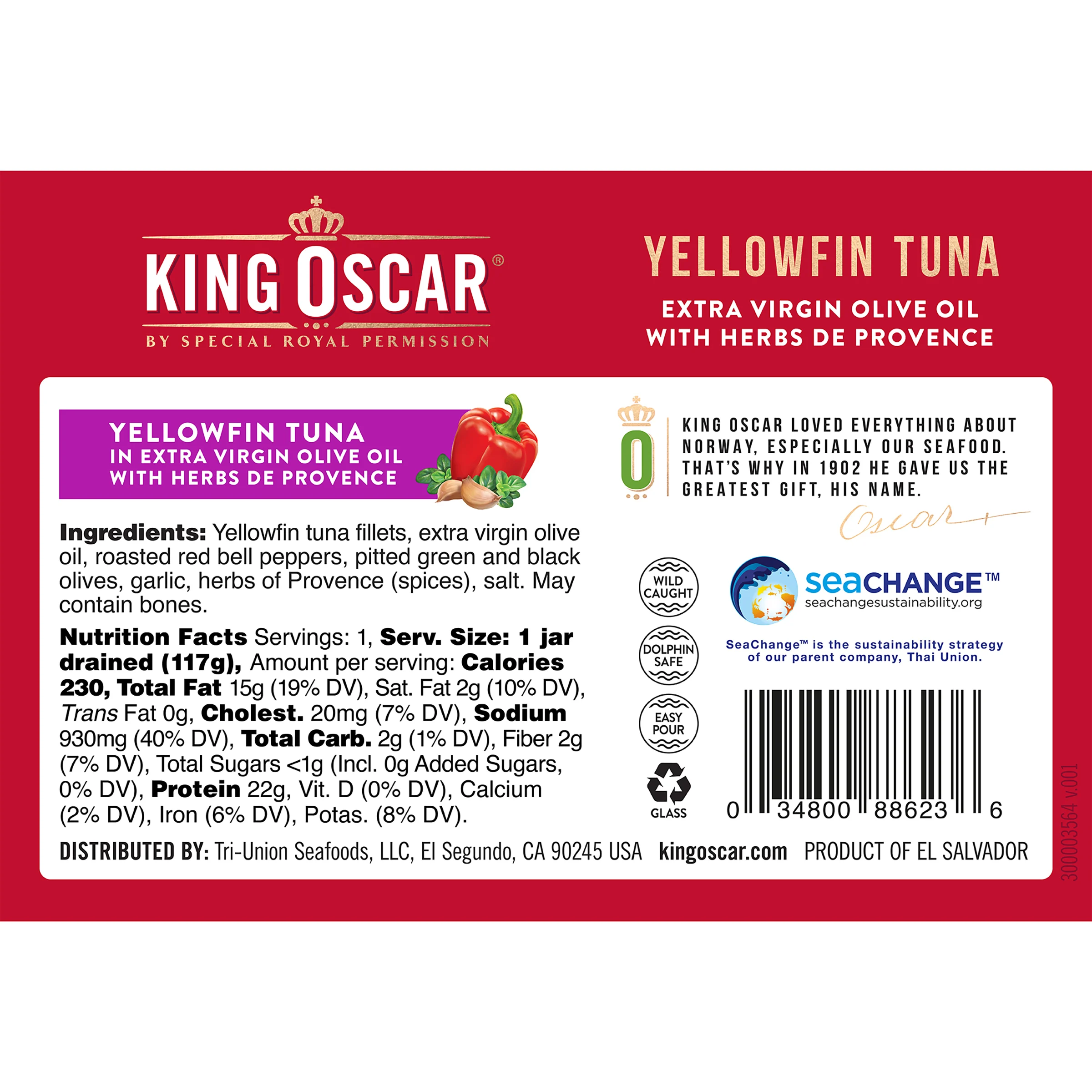 King Oscar, Желтоперый тунец, оливковое масло холодного отжима, прованские травы, 190 г (6,7 унции)