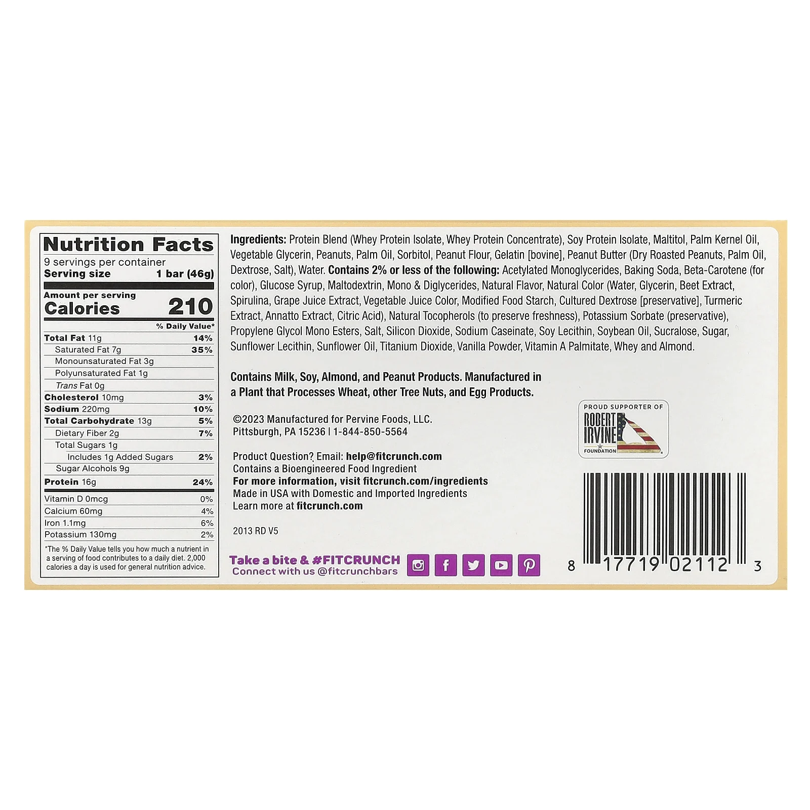 FITCRUNCH, Fit Crunch, батончик с высоким содержанием протеина, арахисовая паста и желе, 9 батончиков, 46 г (1,62) каждый