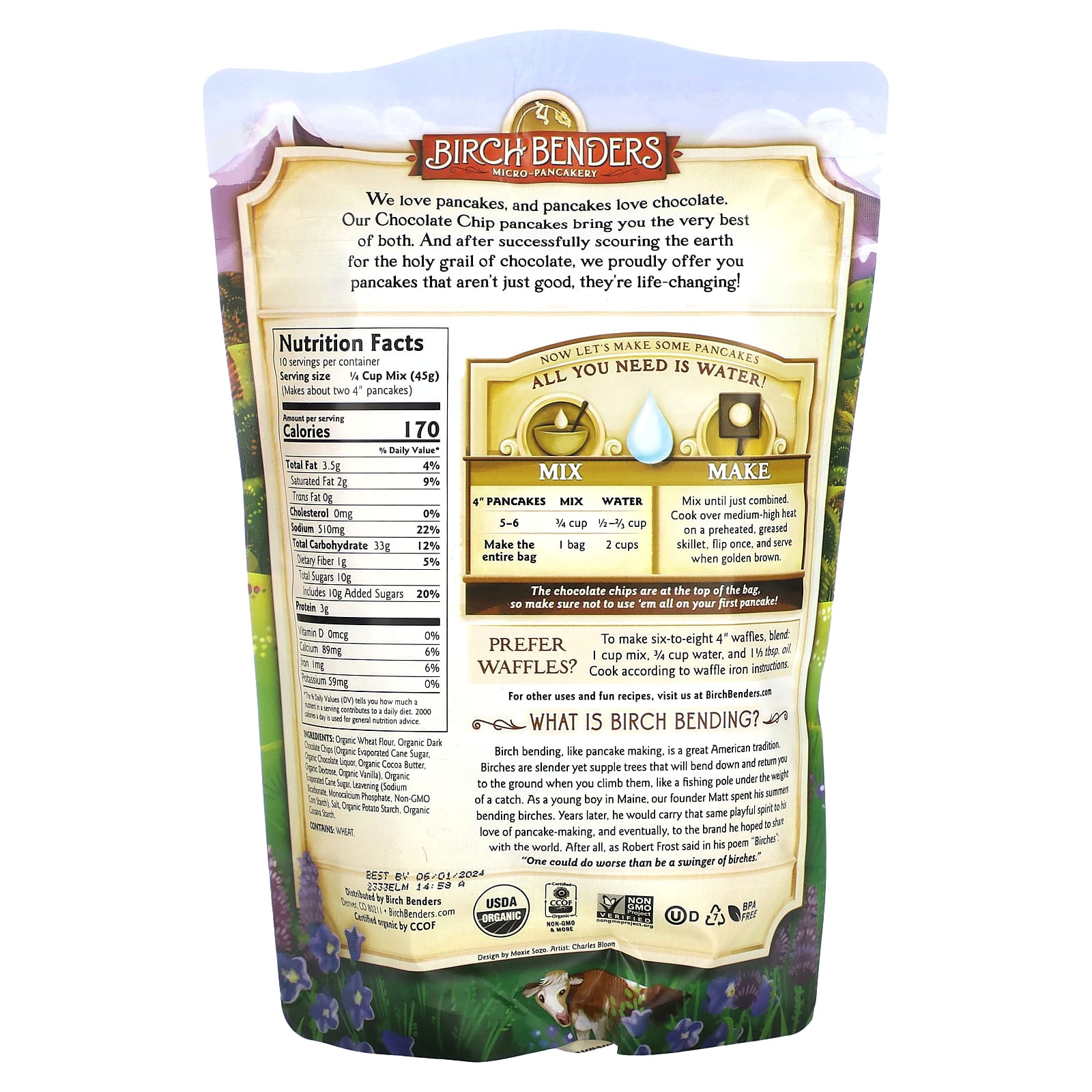 Birch Benders, Органическая смесь для блинов и вафель, с шоколадной крошкой, 454 г (1 фунт)